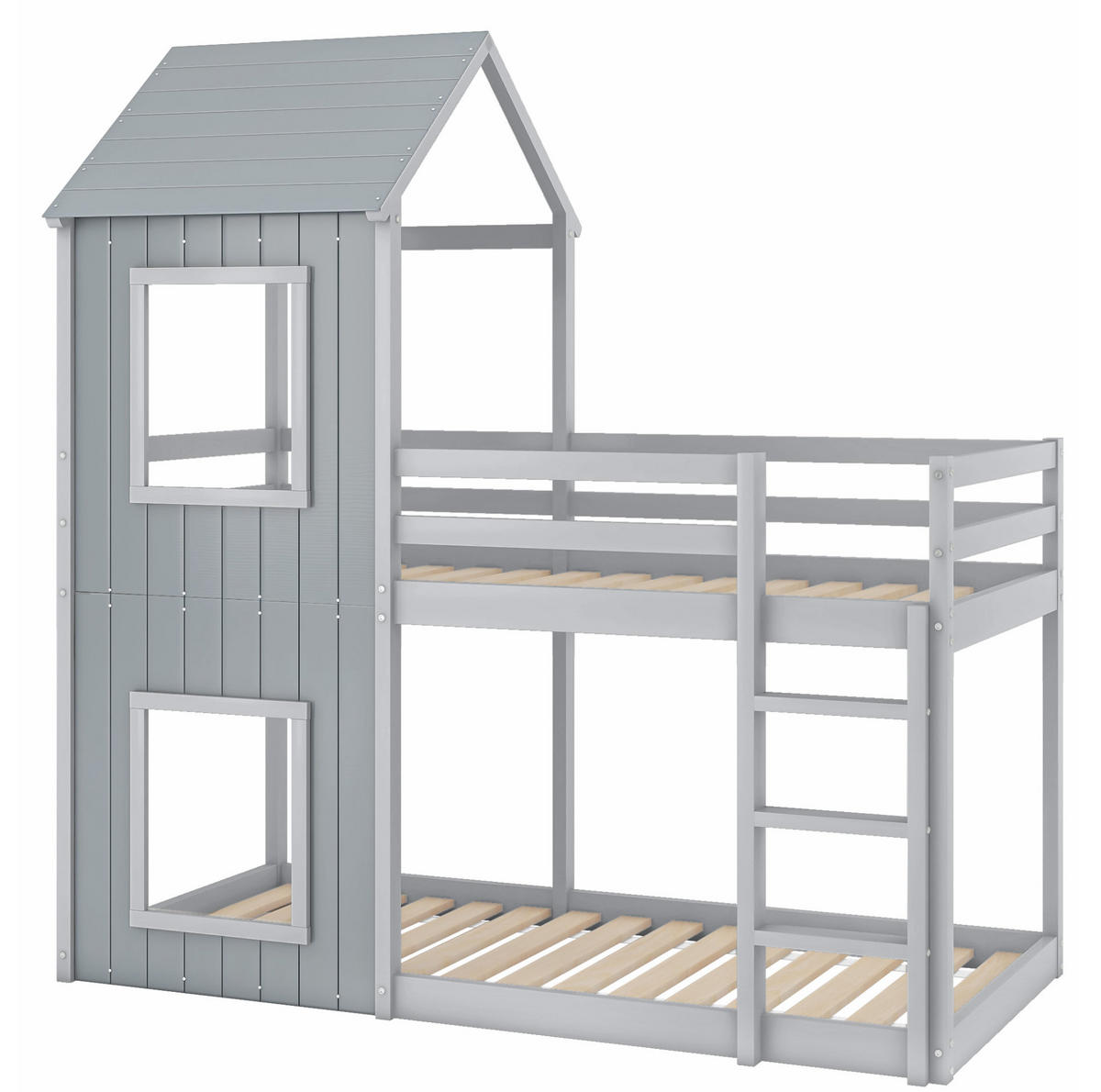 ETAGENBETT aus Kiefer und MDF 90x200 cm Grau mit Sicherheitsgeländer - Grau, Holz (90/200cm) - IVMEU