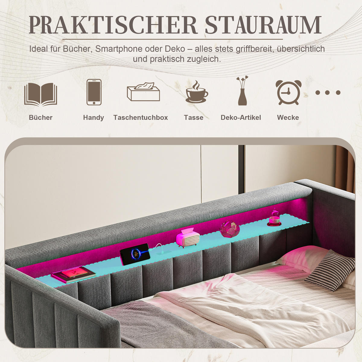 POLSTERBETT aus Samt 90x190 cm in Dunkelgrau mit LED & USB-Type-C - Dunkelgrau, Textil (90/190cm) - Modfu