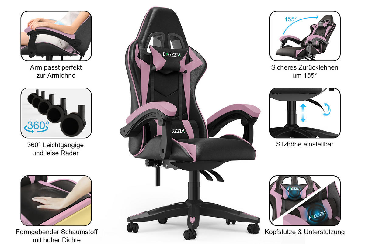 GAMING-STUHL ergonomisch, verstellbare Rückenlehne, Kissen – Schwarz/Pink - Pink, Leder (59/120/56cm) - Rattantree