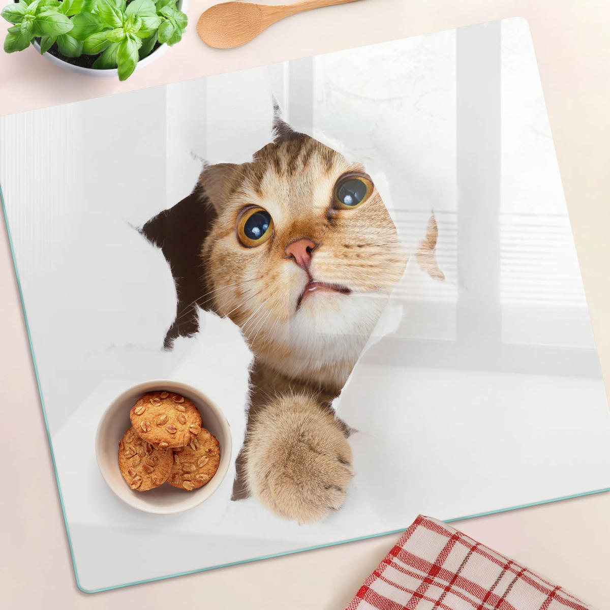 GLASPLATTE 60x52 cm Katze im Loch - Sandfarben, Glas (60/52cm) - TULUP