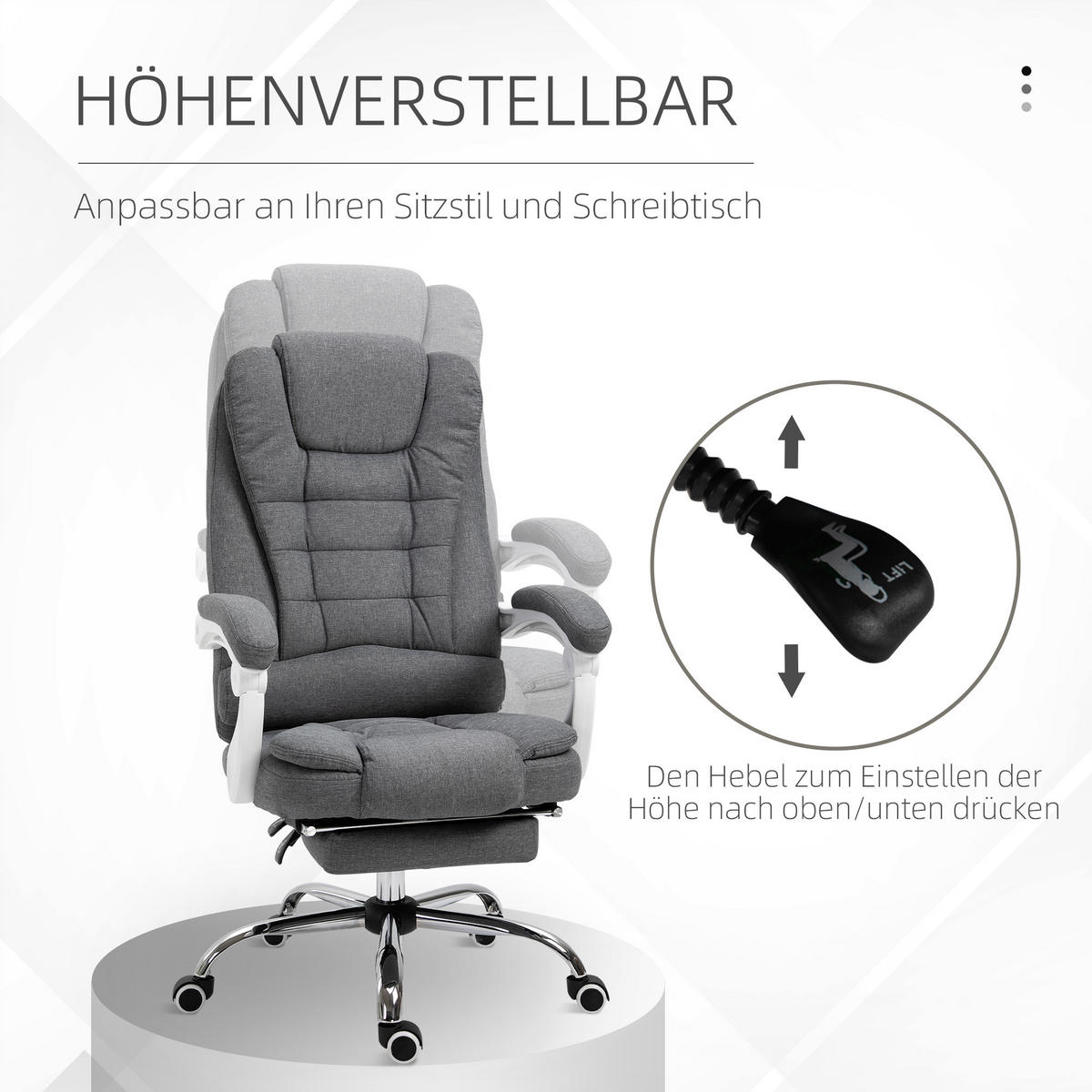 BÜROSTUHL höhenverstellbarer Schreibtischstuhl mit Fußstütze, Leinenoptik Grau - Grau, Metall (70/118/65cm) - Vinsetto