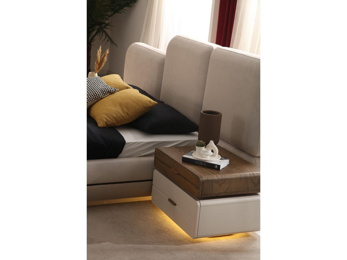 BETTANLAGE Valenica Typ-1 Bett mit Kopfteil 2 Nachttischen Kommode und Kleiderschrank - Beige, Holzwerkstoff (160/200cm)