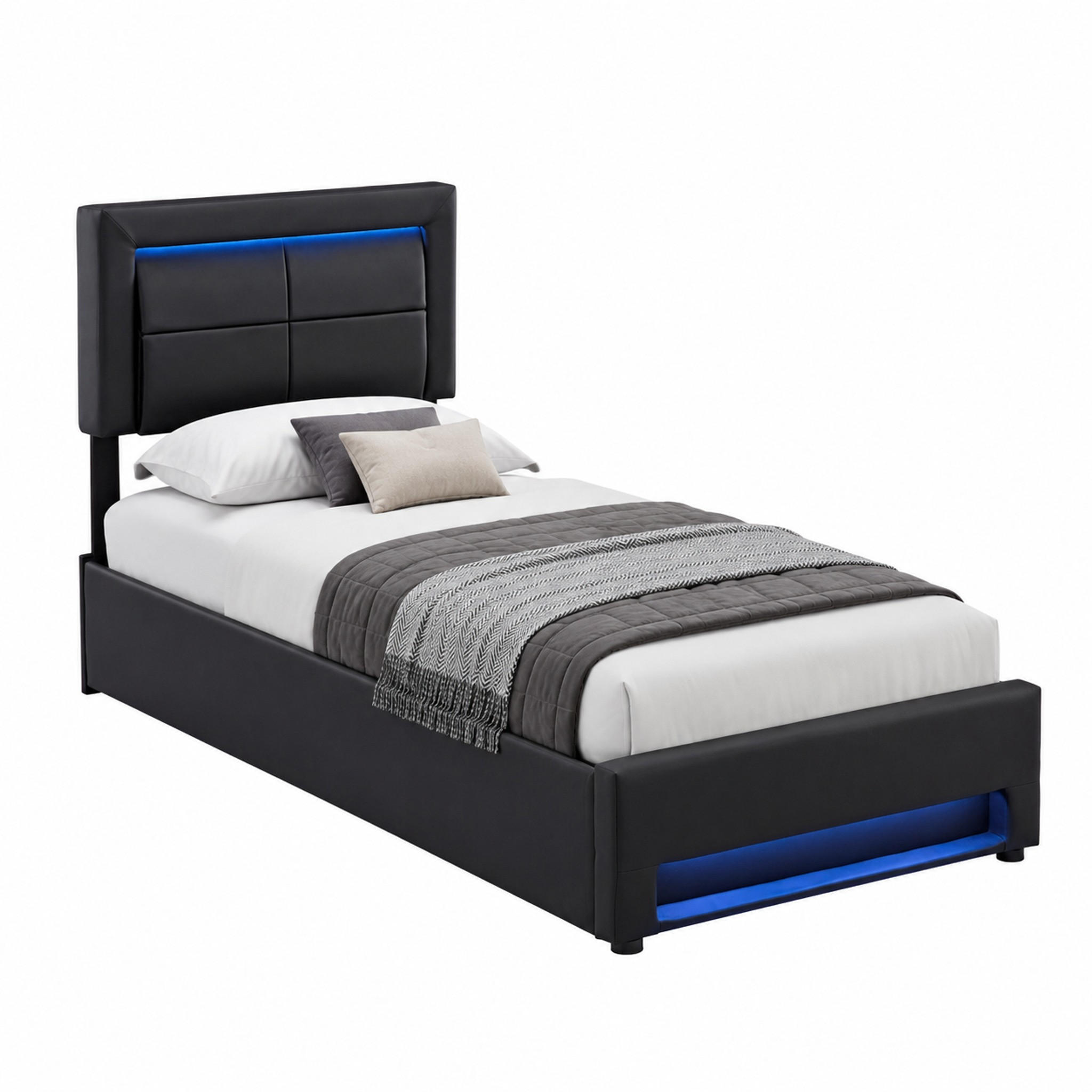 POLSTERBETT mit USB, LED und Stauraum 90x200 cm PU Schwarz - Schwarz, Metall (90/200cm) - Meubliv