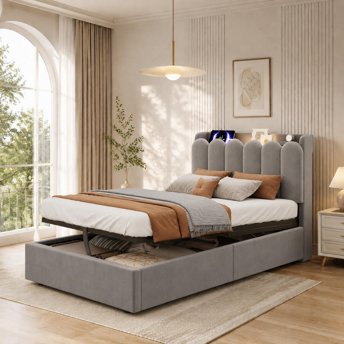 POLSTERBETT 90/200 cm in Grau mit Bettkasten, Kopfteil, USB-, Type-C-Ladestation und Leselampe aus Samt - Grau, Holzwerkstoff/Textil (90/200cm) - STILVORA