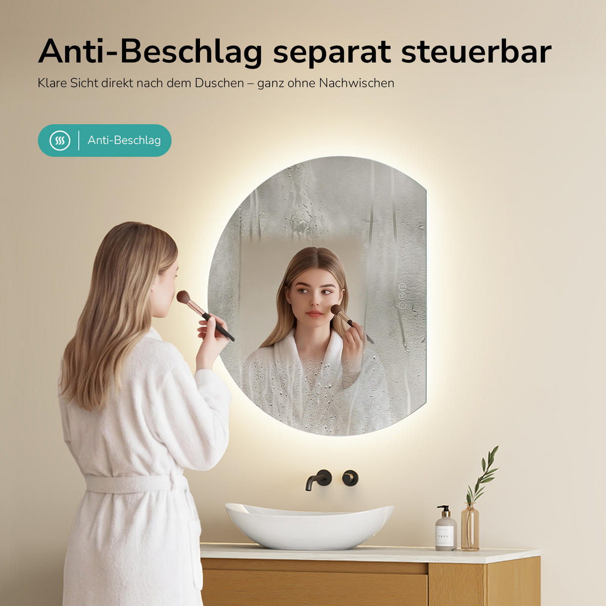 BADSPIEGEL LED 90 x 73 cm mit 3 Lichtfarben, Antibeschlagfunktion und Touch-Schalter - Transparent, Glas (90/73/2.5cm) - EMKE