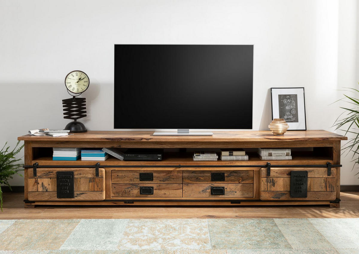 TV-BOARD Mango 260x50x60 natur lackiert RAILWAY #155 - Naturfarben, Holz (260/60/50cm) - Massivmoebel24