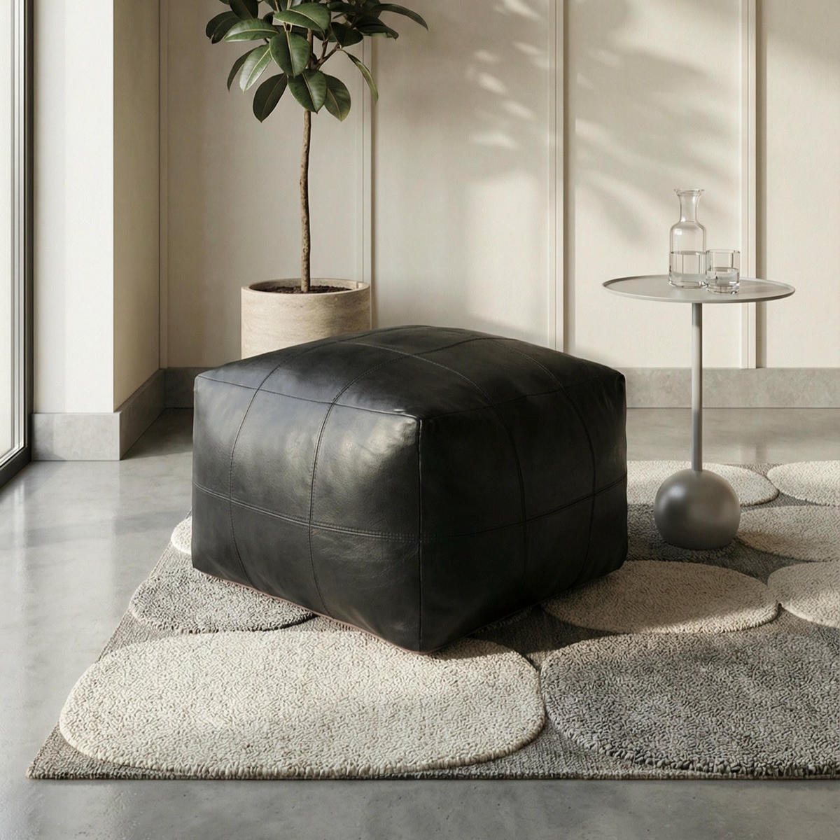 POUF 60/60/45 cm Echtleder Schwarz - Schwarz, Leder (60/45/60cm) - Furnhouse