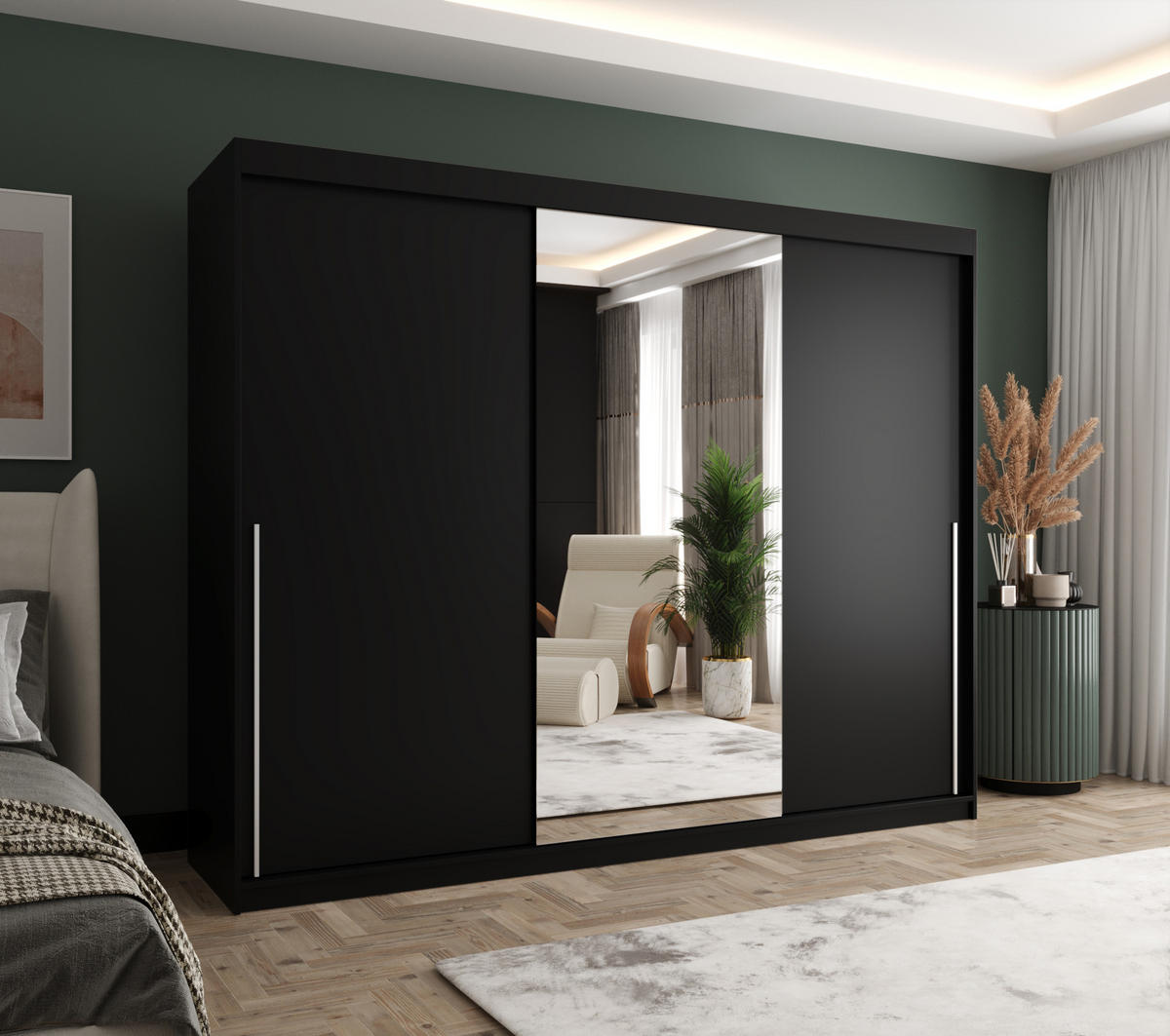 SCHIEBETÜRENSCHRANK mit Spiegel 250 cm Breite, schwarz mit silbernem Griff - Silberfarben/Schwarz, Holzwerkstoff (250/200/62cm) - Home Collective