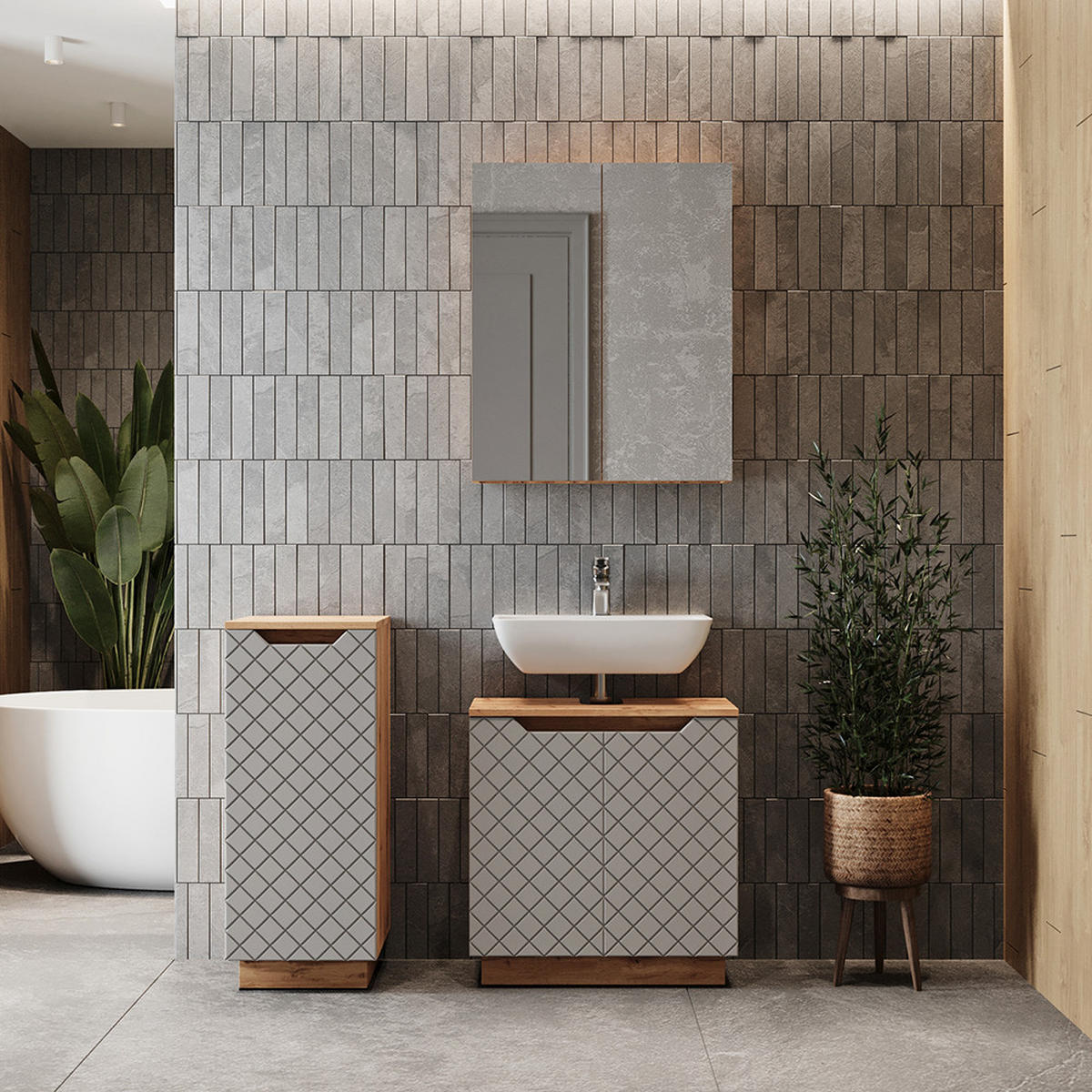 BADMÖBEL-SET Lotta Eiche/Grau mit Kachelstruktur 3 Teile - Eichefarben/Grau, Holzwerkstoff (59.8/62.1/32cm) - Vicco