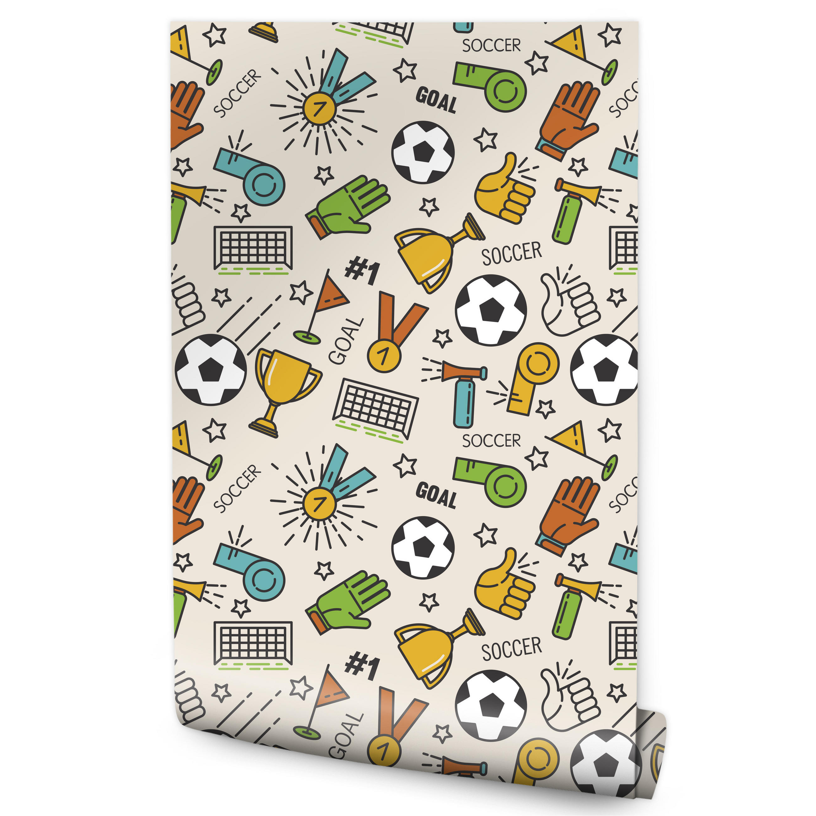 VLIESTAPETE Fußball, Medaillen und Pokale – Bunt, Beige – 50x1000 cm - Beige/Multicolor, Papier (50/1000cm) - Muralo