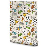 VLIESTAPETE Fußball, Medaillen und Pokale – Bunt, Beige – 50x1000 cm - Beige/Multicolor, Papier (50/1000cm) - Muralo