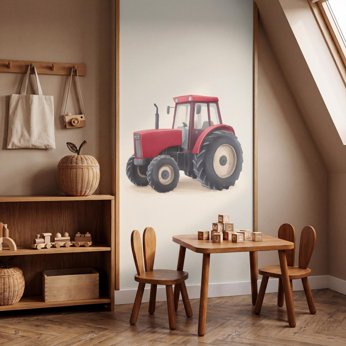 KINDERTAPETE - Traktor - Minimalistisch - Illustration - Rot - 100x200 cm - Rot, Papier (100/200cm) - OnlyWow