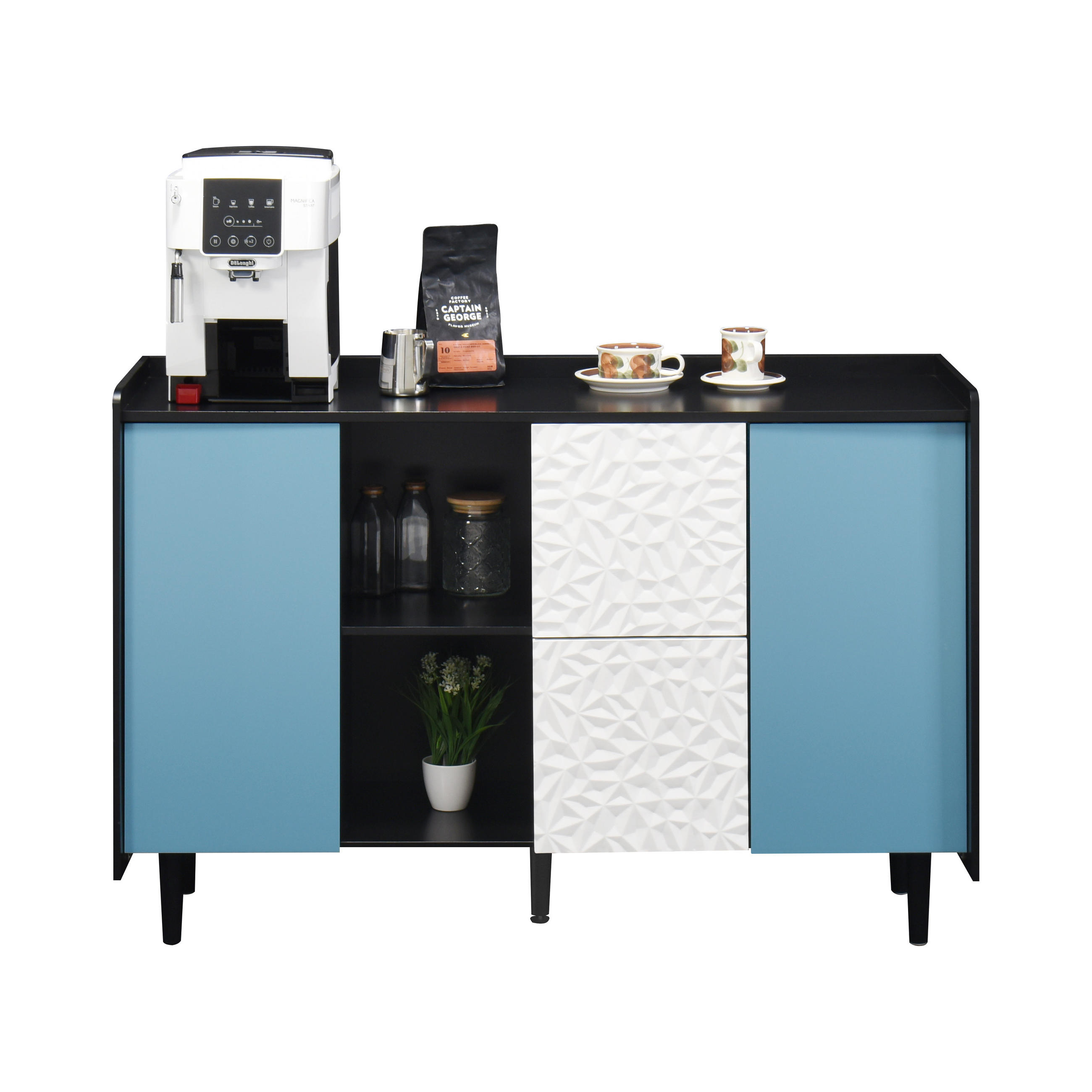 SIDEBOARD Schwarz Blau Weiß, mit Türen, 2 Schubladen, Innenfächern und Strukturfront, 120/40/80 cm - Blau/Schwarz, Holzwerkstoff (120/80/40cm) - WISHDOR