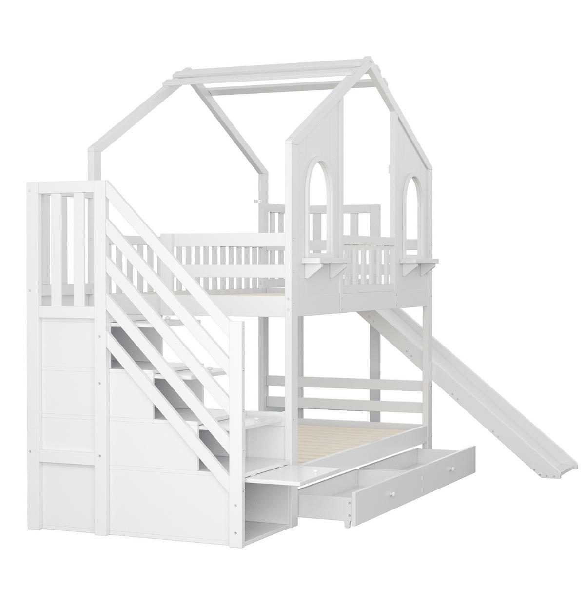 ETAGENBETT Hausförmig 90/200 cm, Weiß mit Rutsche und Stauraum - Weiß, Holz (90/200cm) - MIVRAY