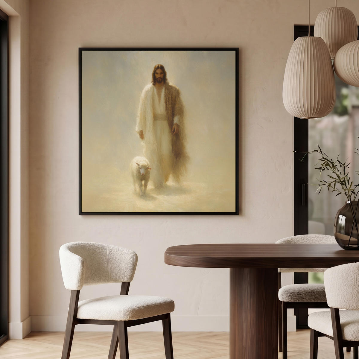 LEINWAND Bilder mit Rahmen - Schaf - Jesus - Pinselstriche - Abstrakt - 90x90 - Beige, Textil (90/90cm) - MuchoWow