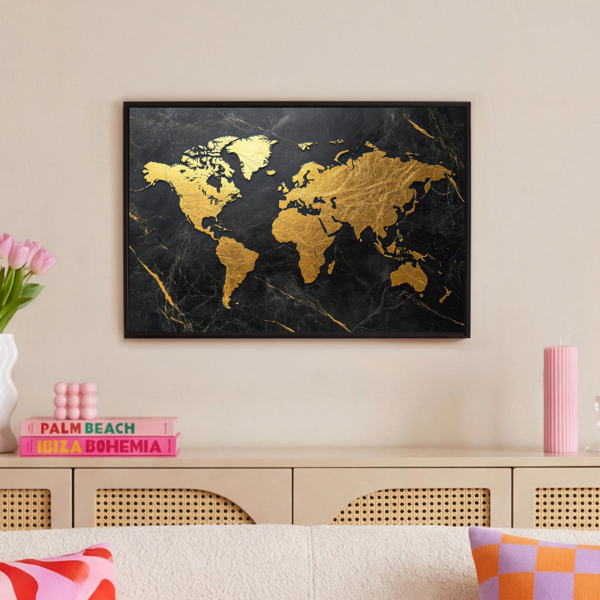 LEINWAND Bilder mit Rahmen - Weltkarte - Gold - Marmor - 60x40 - Goldfarben, Textil (60/40cm) - MuchoWow