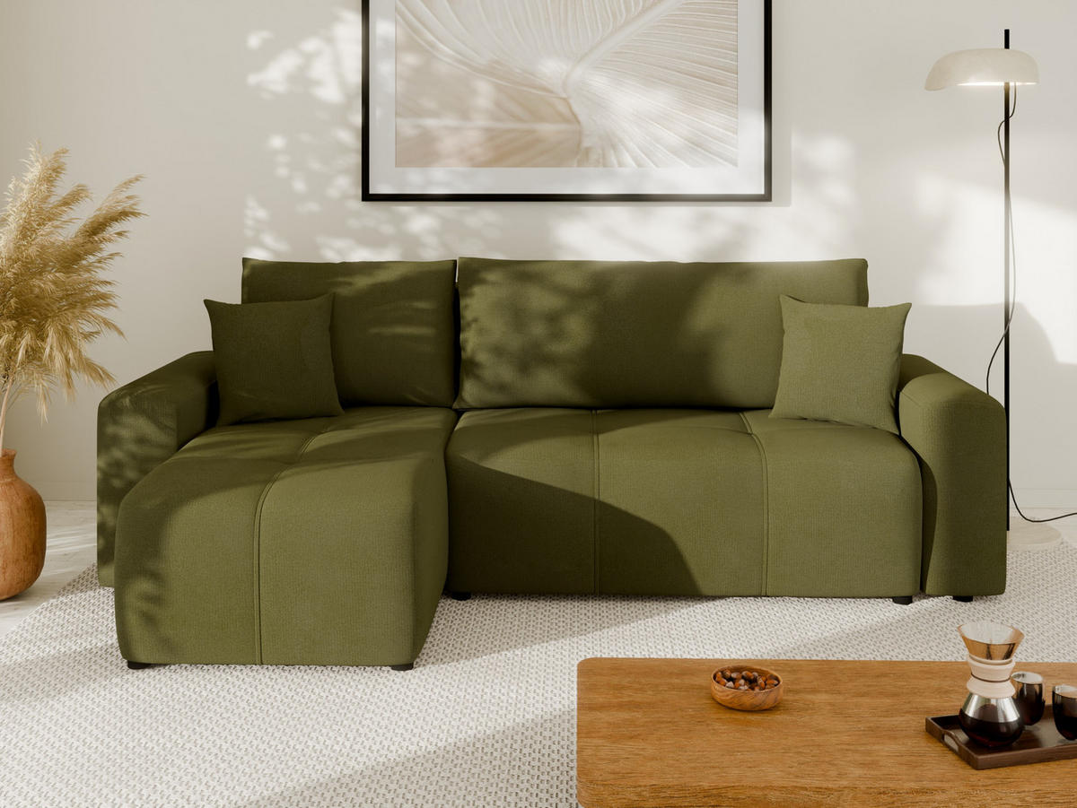 ECKSOFA Nolani mit Schlaffunktion & Bettkasten – Modern & Bequem - Olivgrün, Kunststoff (248/145cm) - Panda Möbel
