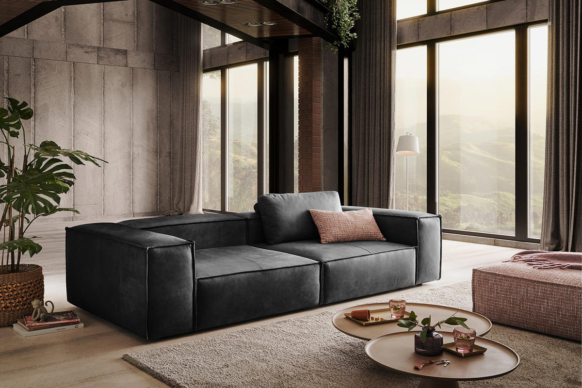 SOFA CARMO Anthrazit Leder - Anthrazit/Schwarz, Leder/Kunststoff (266/68/118cm) - KAWOLA