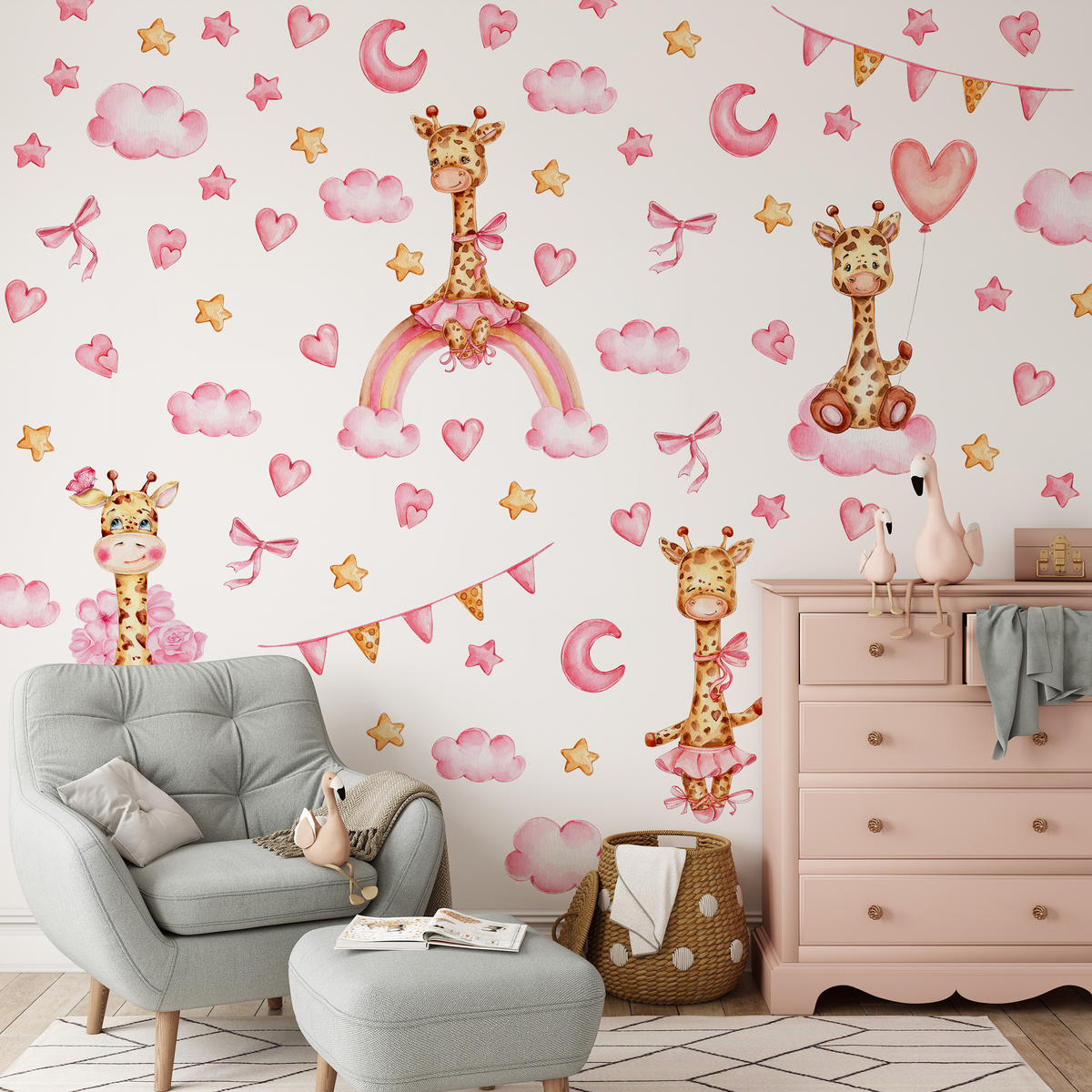 STICKER SET für Kinder Giraffen rosa Wolken Monde Sterne 60x30 - Gelb/Beige, Papier (60/30/1cm) - Muralo