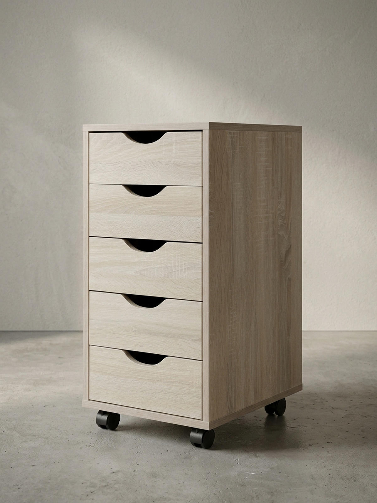 ROLLCONTAINER – MDF-Holz, Sonoma, 5 Schubladen, Rollen, für Büro oder Wohnzimmer - Beige/Schwarz, Holz/Kunststoff (38/64/33cm) - KADIMA DESIGN
