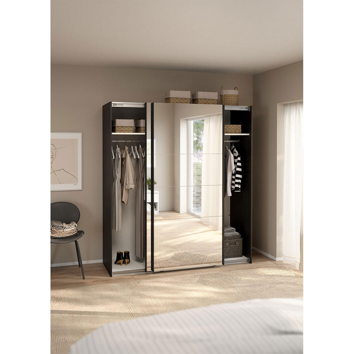 SCHIEBETÜRENSCHRANK, Catania, Schwarz, Holzwerkstoff, 179 x 67 x 201 cm - Schwarz, Holzwerkstoff (179/201/67cm) - ebuy24
