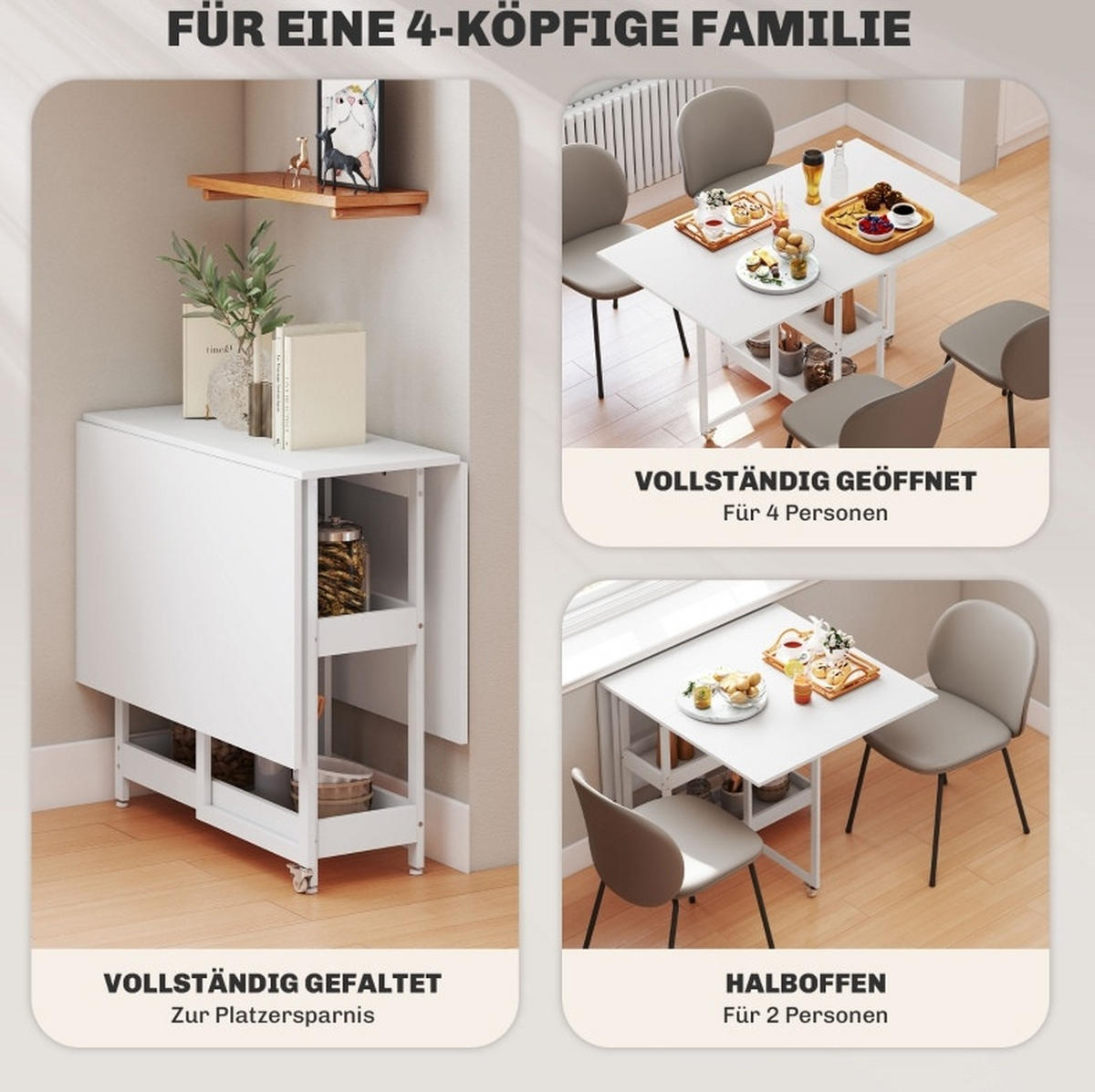 ESSTISCH klappbar mit offenen Fächern 133,4 x 80 x 75 cm Weiß - Weiß, Holz (133.4/80/75cm) - Meubliv