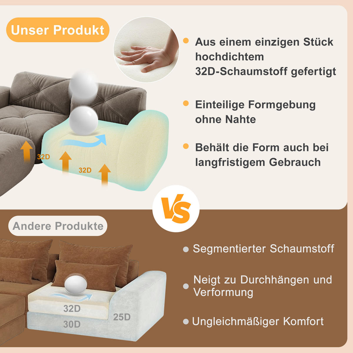 3-SITZER Sofa 281×95×76 cm Chenille rahmenlos modular, braun - Braun, Textil (95/76/281cm)