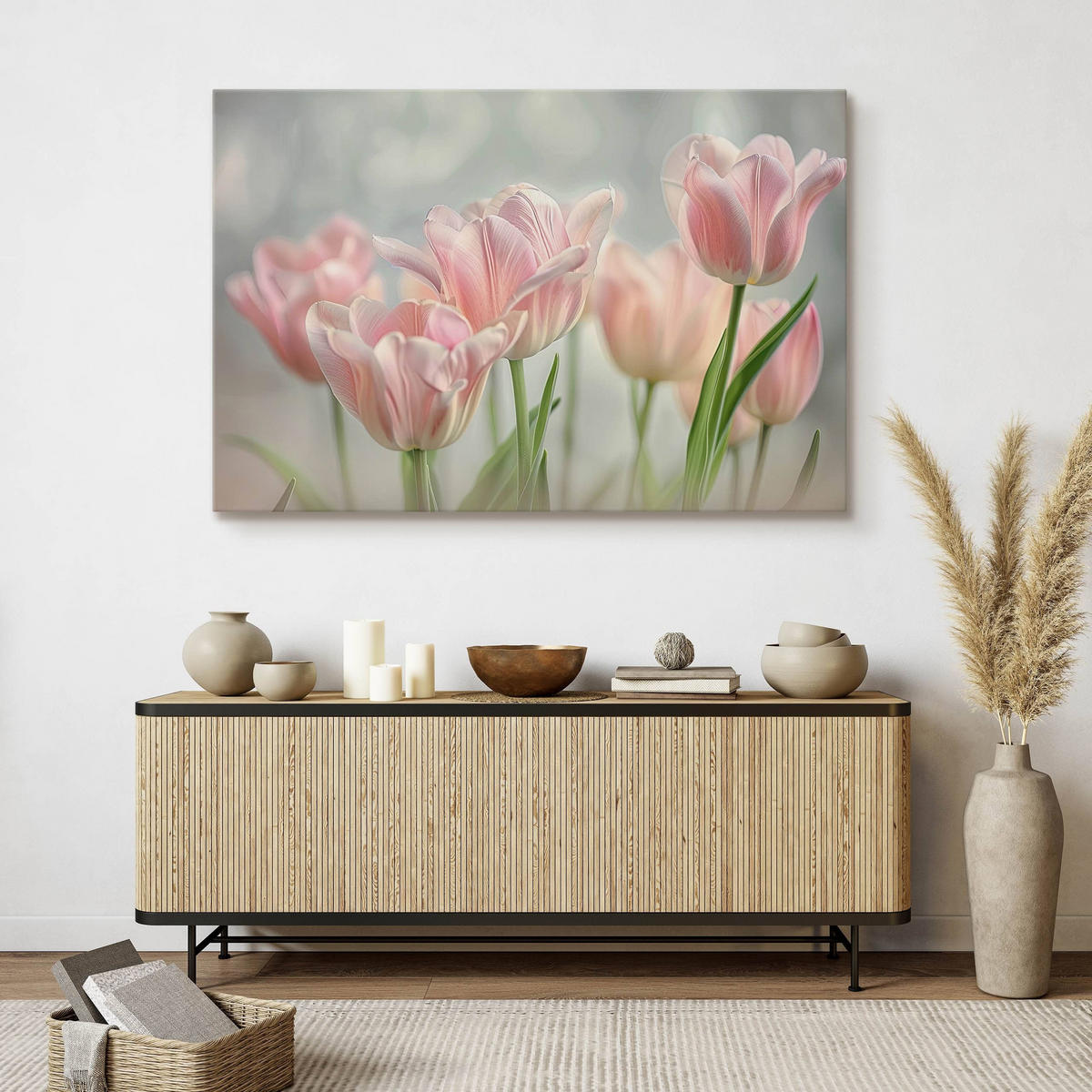 LEINWANDBILD für Wohnzimmer Blumen Tulpen Blätter Natur 120cm x 80cm - Weiß/Rosa, Textil (120/80cm) - Muralo