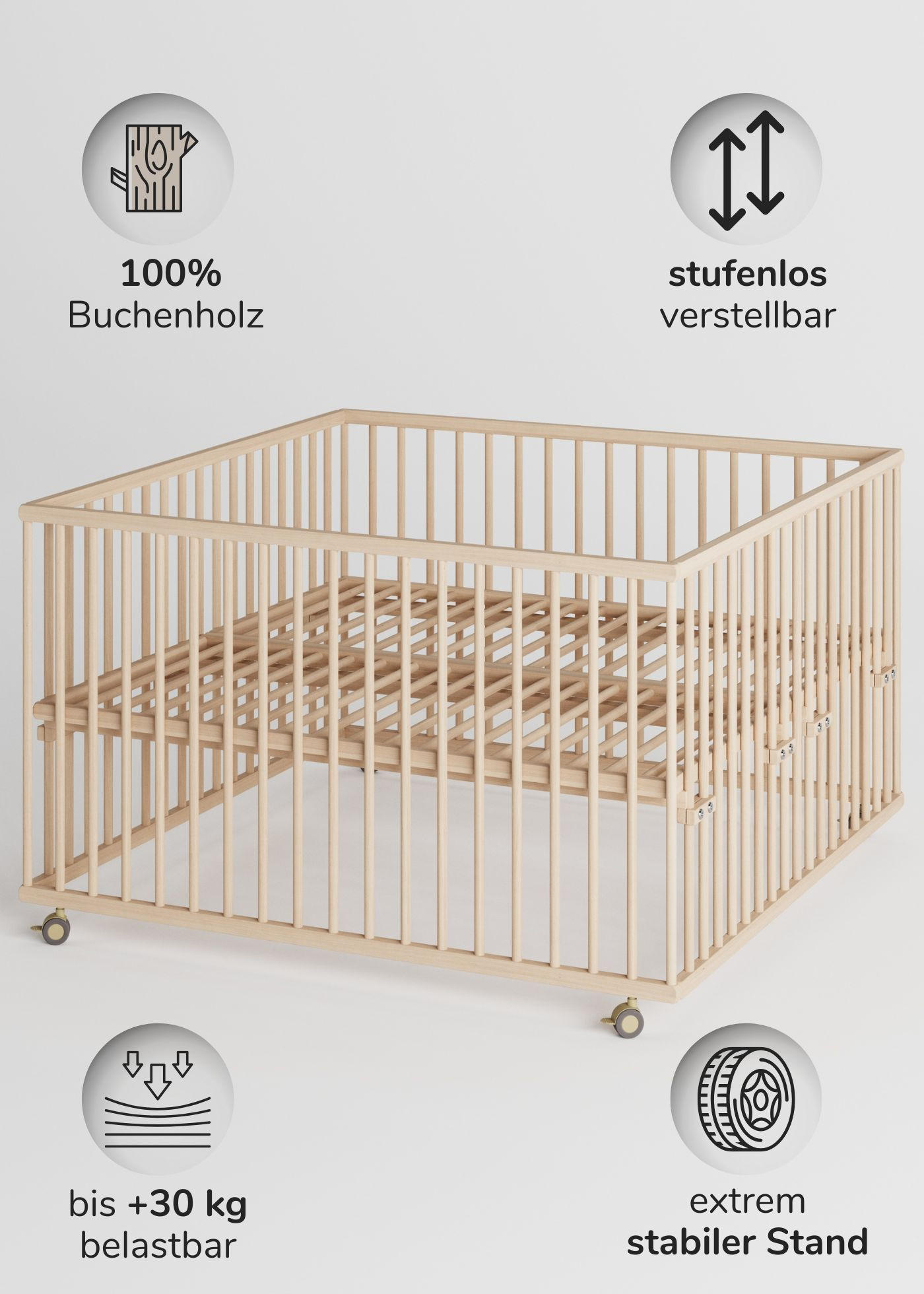 LAUFGITTER XXL 120x120 cm mit Matratze & Lattenrost - natur - Premium Kollektion - Naturfarben, Holz (120/74/120cm) - Sämann – make a difference.