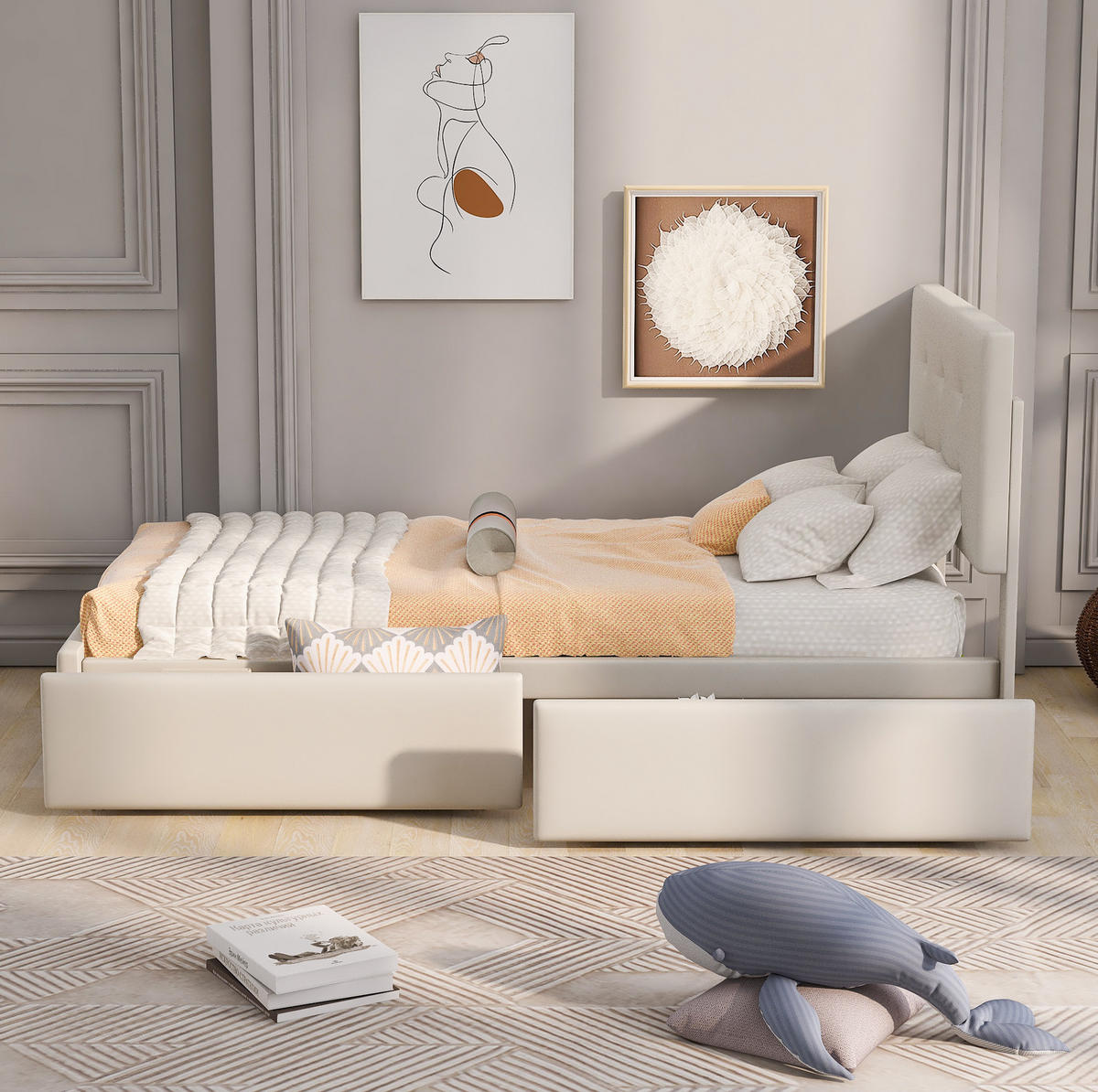 POLSTERBETT 90/200 cm Beige aus Samt mit Schublade und Lattenrost - Beige, Textil (90/200cm) - Flora Grace