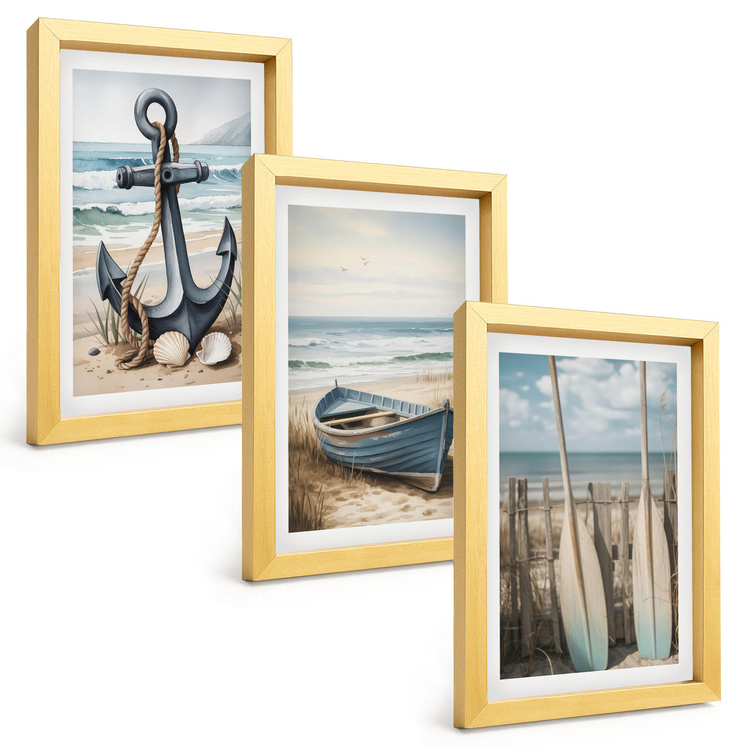 BILDER SET 3er Set - 20x30 cm Goldrahmen - Anker, Boot, Ruder, Strand - Goldfarben, Kunststoff (20/30cm) - TULUP