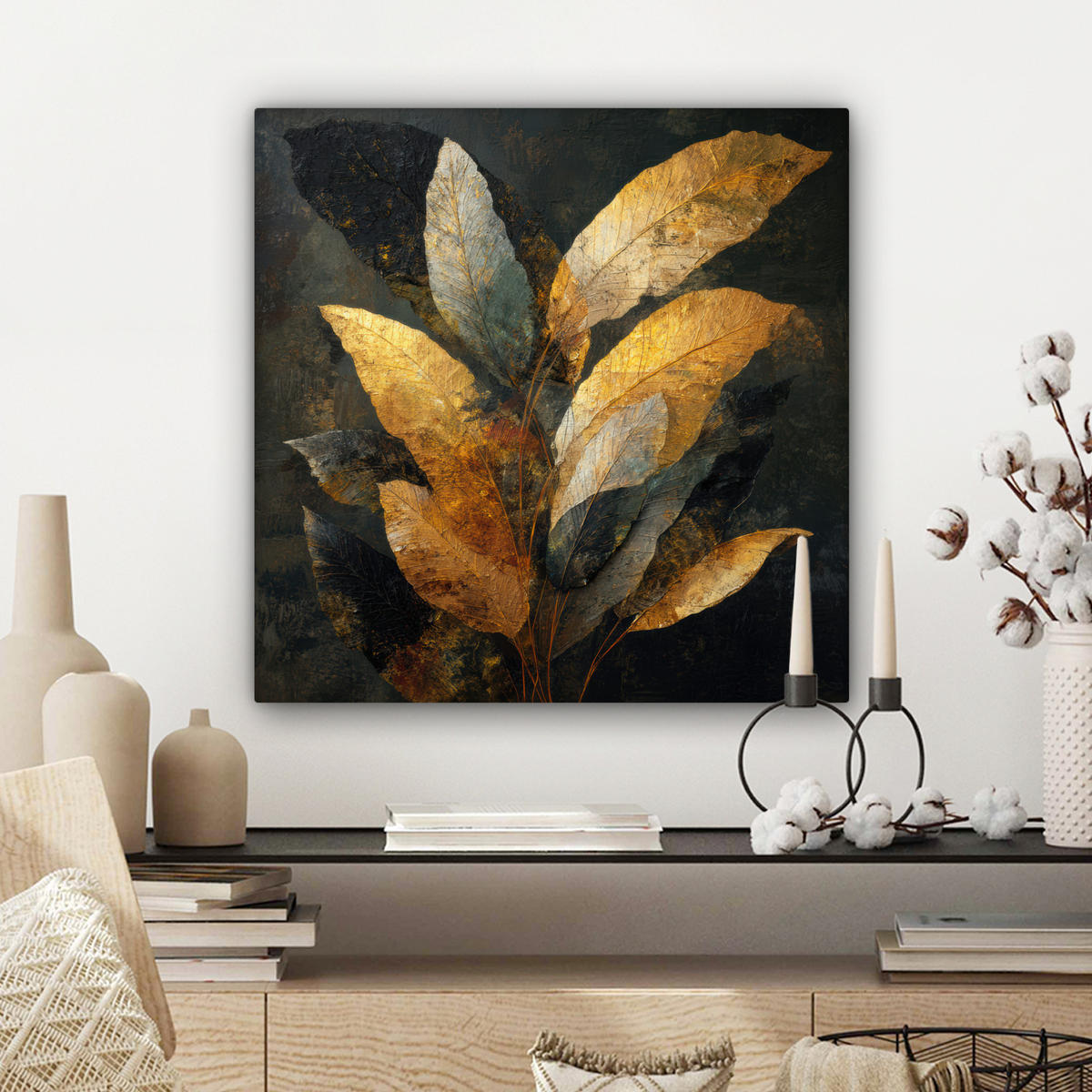LEINWANDBILD Golden Leaf Komposition - Botanical Luxury Wandbild Wohnzimmer 50x50 cm - Goldfarben/Schwarz, Textil (50/50cm) - MuchoWow