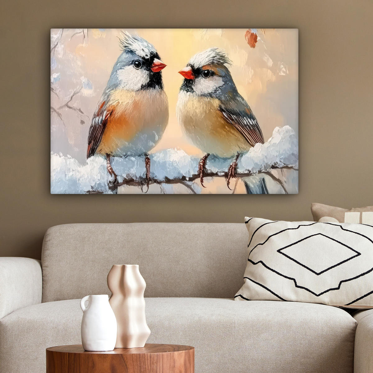 LEINWANDBILD Vögel - Zweig - Winter - Schnee Gemälde 60x40 cm - Pastellblau, Textil (60/40cm) - MuchoWow
