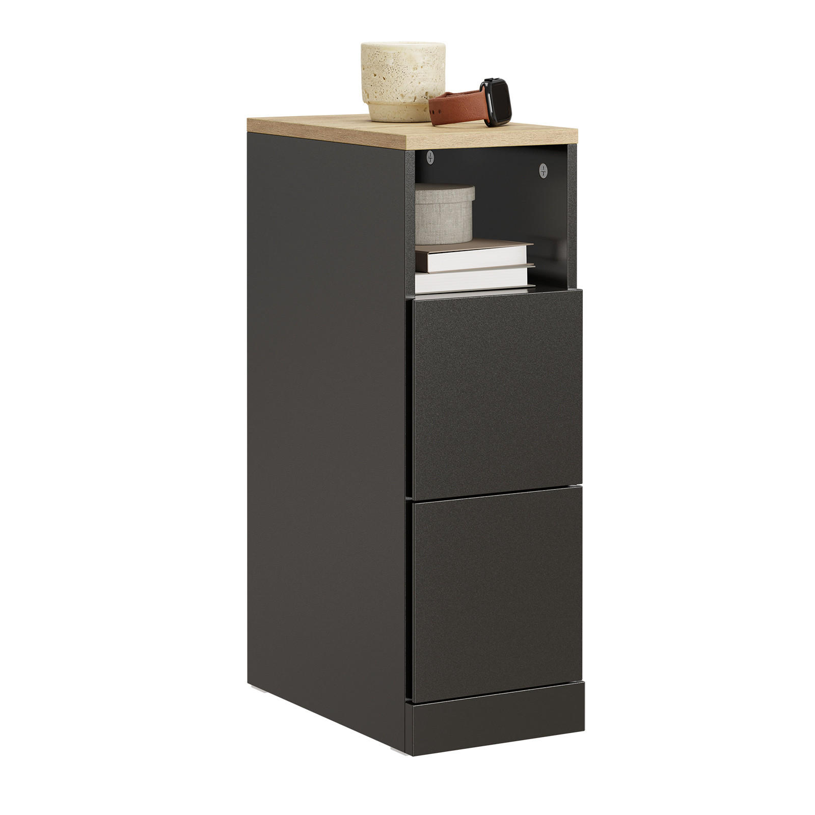 NACHTTISCH schmal mit 2 Schubladen, 20x35x60cm Schwarz - Schwarz, Holzwerkstoff (20/60/35cm) - SoBuy