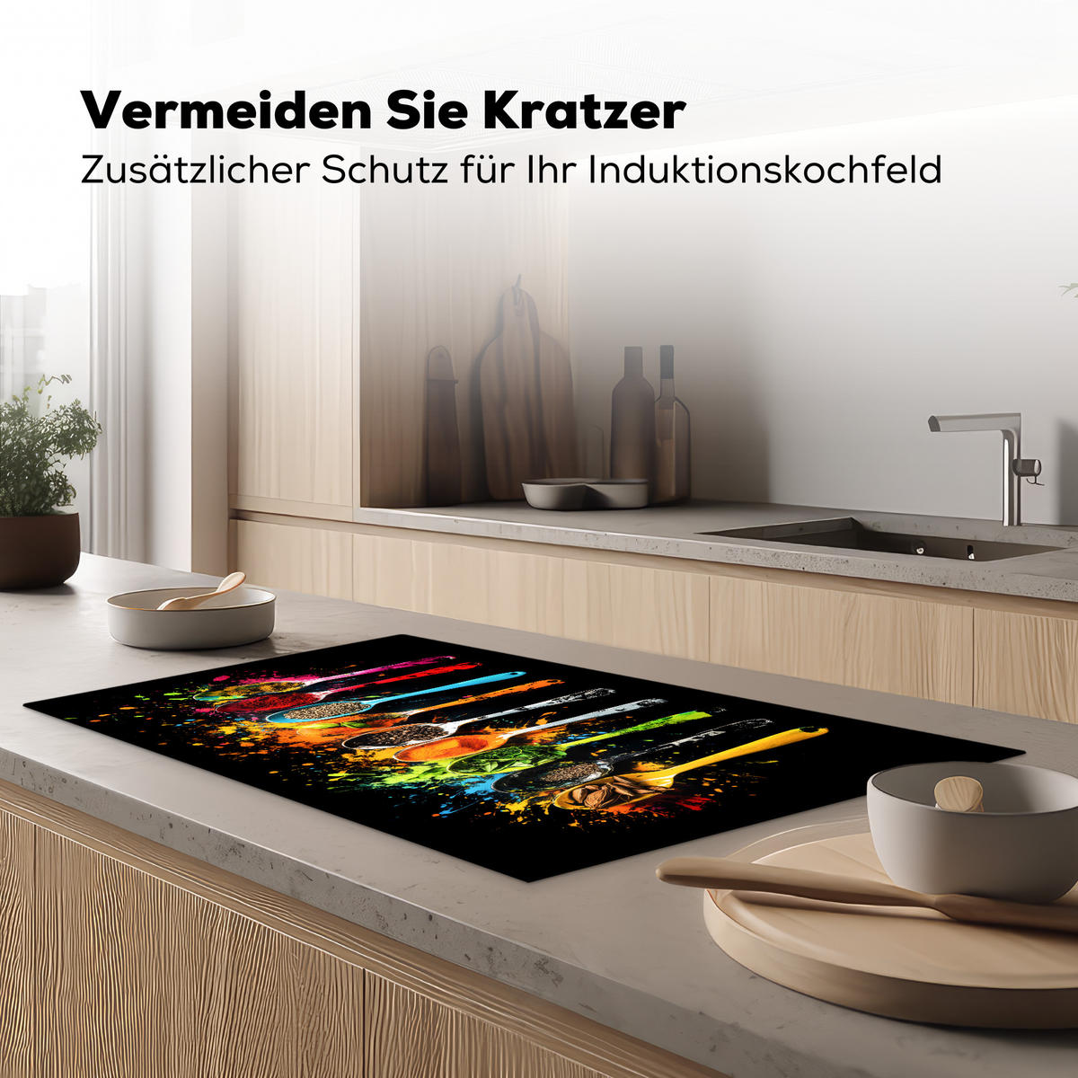 HERDABDECKPLATTE Löffel - Gewürze - Modern - Graffiti - Farbe - Farbenfroh Ceranfeldabdeckung 90x52 cm - Multicolor, Kunststoff (90/52/0.2cm) - MuchoWow