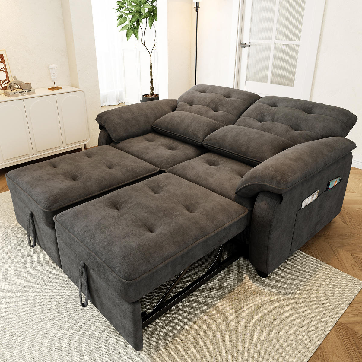 SCHLAFSOFA 3-in-1, Grau, Chenille, USB, 2 Kissen - Grau, Textil (90/86.5/142cm)