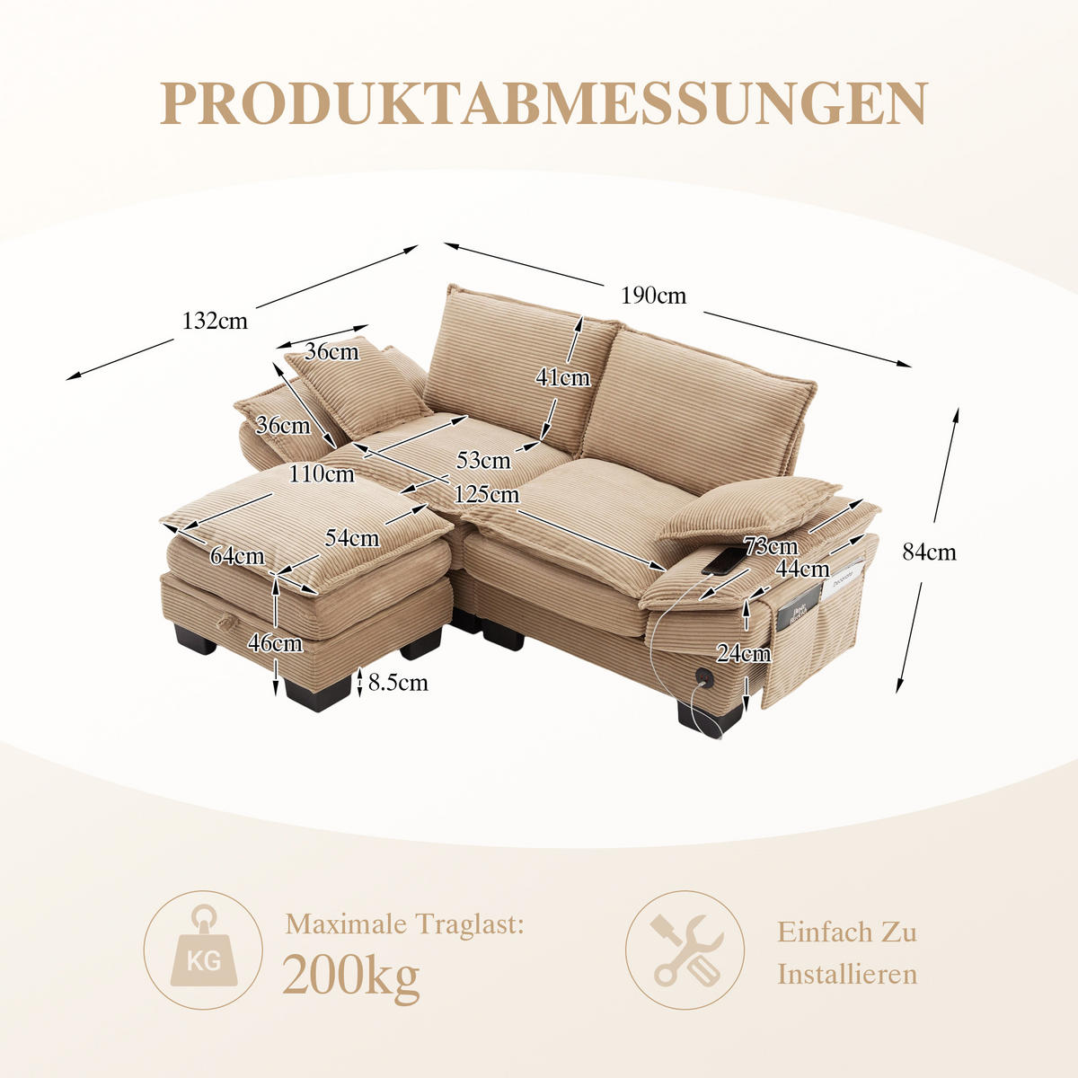 2-SITZER Sofa aus Corduroy 190x132x84 cm mit Hocker & USB-C, beige - Beige, Textil (132/84/190cm)