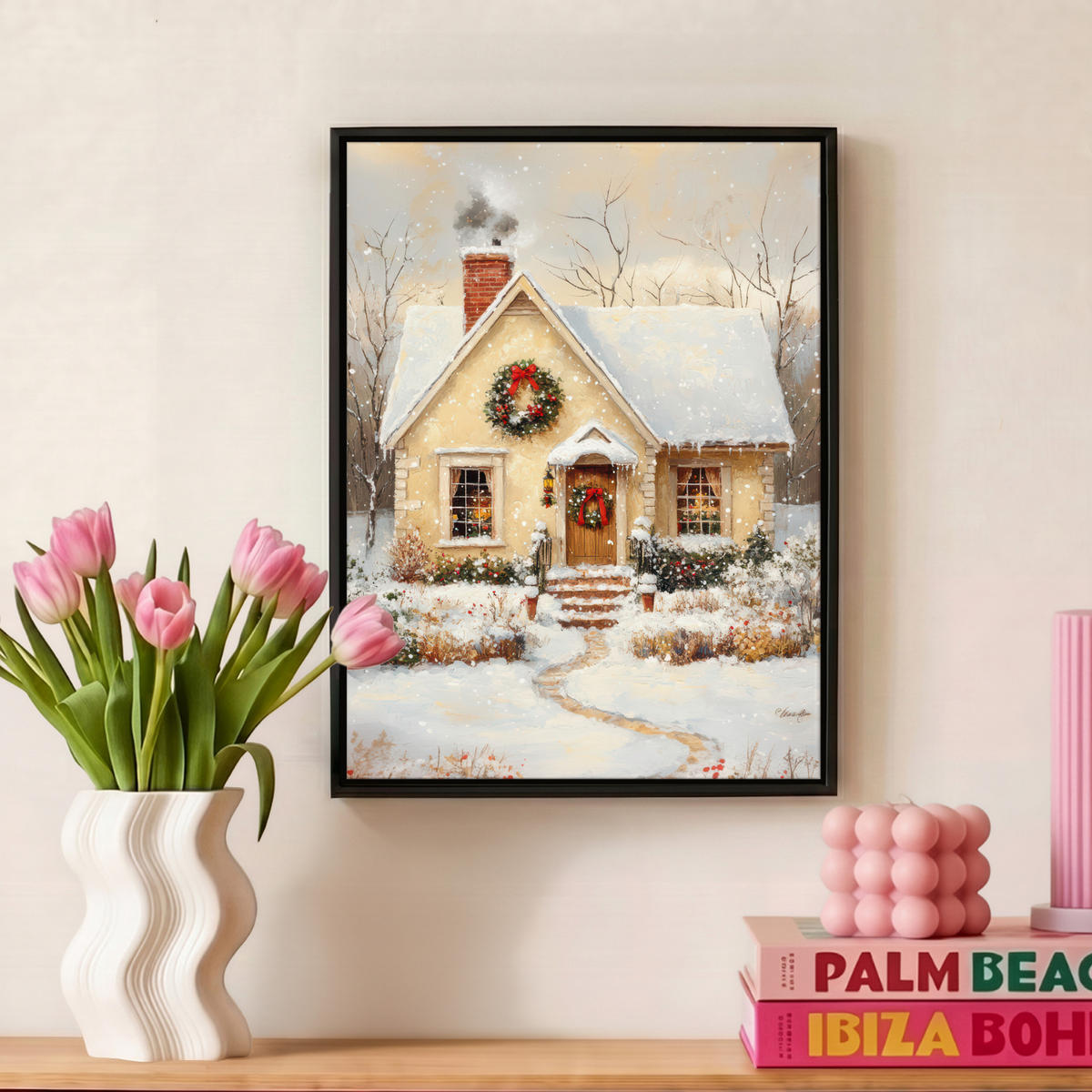 LEINWAND Bilder mit Rahmen - Weihnachten - Zuhause - Winter - Schnee - 30x40 - Creme, Textil (30/40cm) - MuchoWow