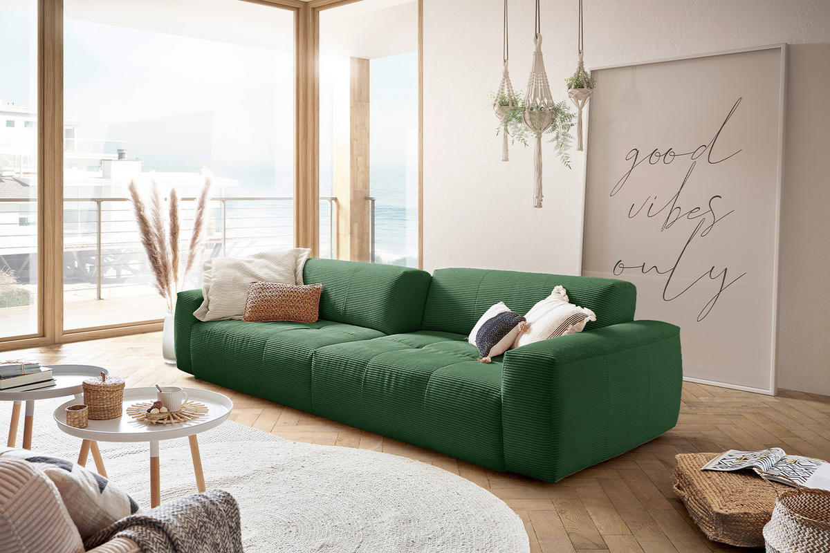 SOFA MIT SITZTIEFENVERSTELLUNG PALACE Smaragdgrün Cord - Smaragdgrün/Schwarz, Kunststoff/Textil (298/74/120cm) - KAWOLA