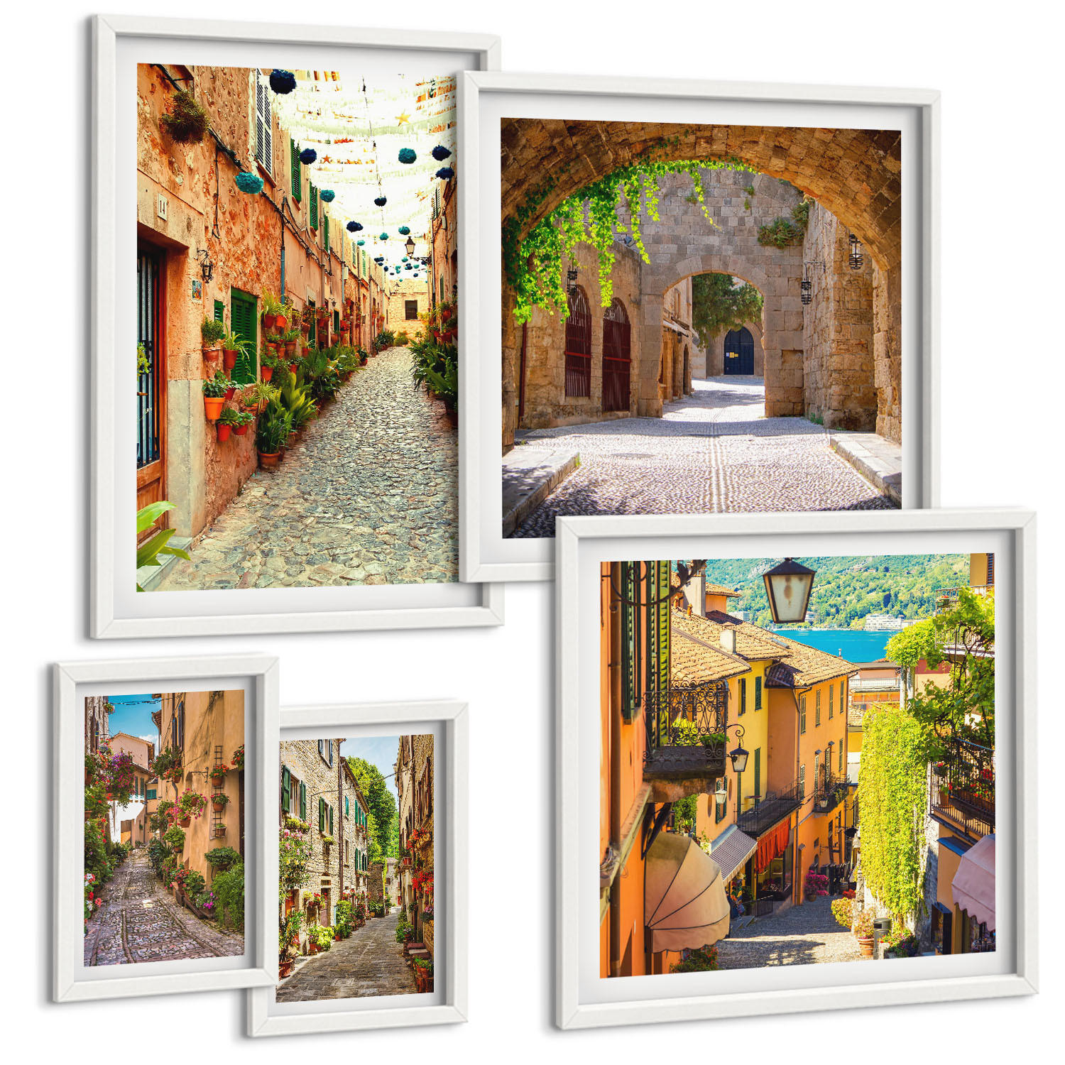 BILDER SET 5er Set - 50x50 cm & 20x30 cm & 40x60 cm Weißer Rahmen - Italienische Straßen, Blumen, Architektur - Weiß, Kunststoff (40/60cm) - TULUP