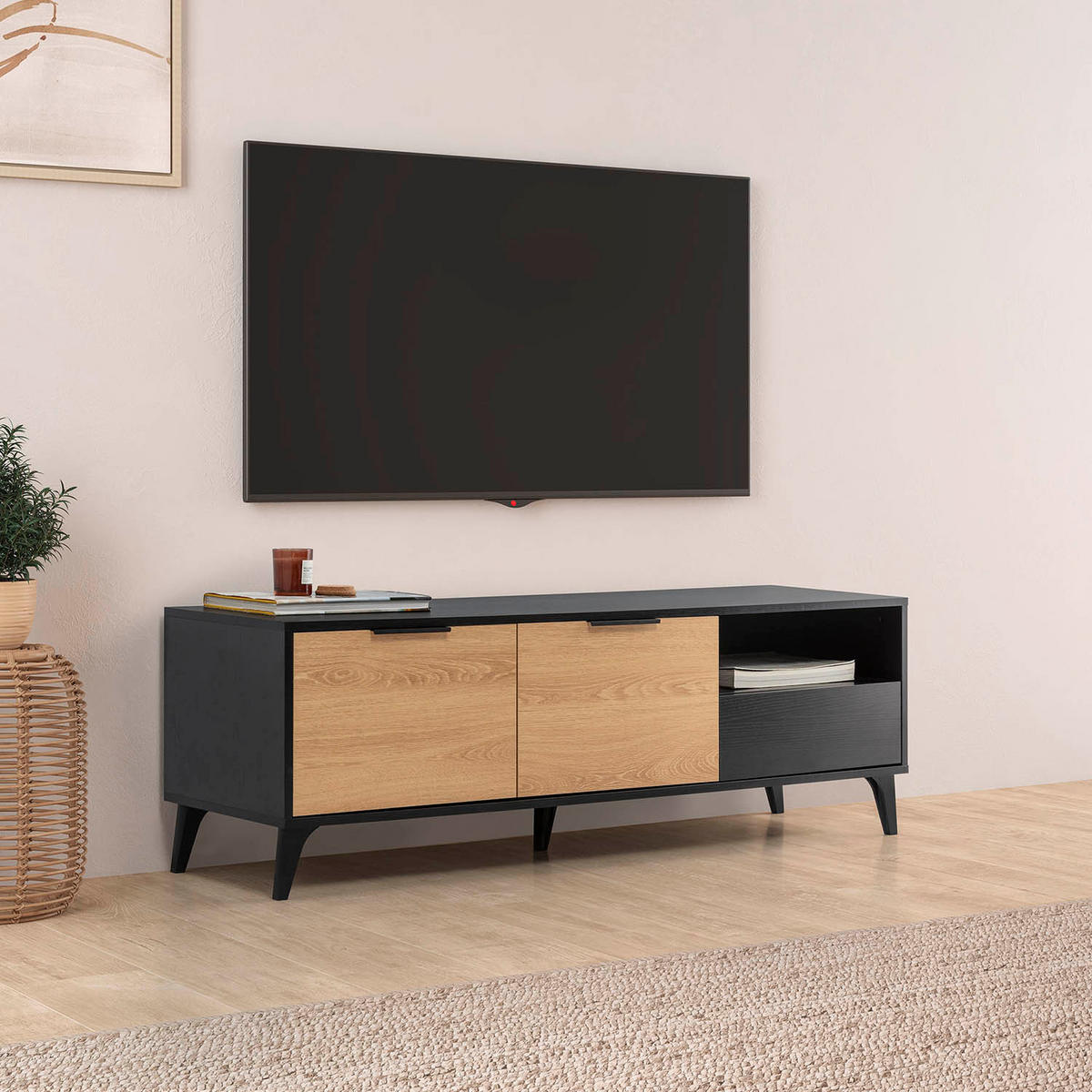 TV-ELEMENT Kalma 2 Türen 1 Schublade - Schwarz, Holzwerkstoff (136/45/40cm) - VS Venta-stock