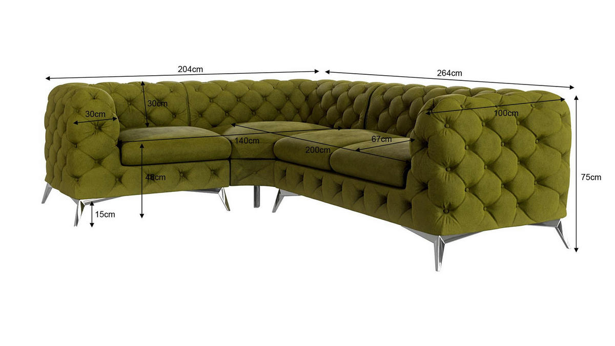 ECKSOFA Chesterfield Laura Olive Samt, Ottomane Links - Silberfarben/Olivgrün, Holz/Textil (264/204cm) - S-Style Möbel