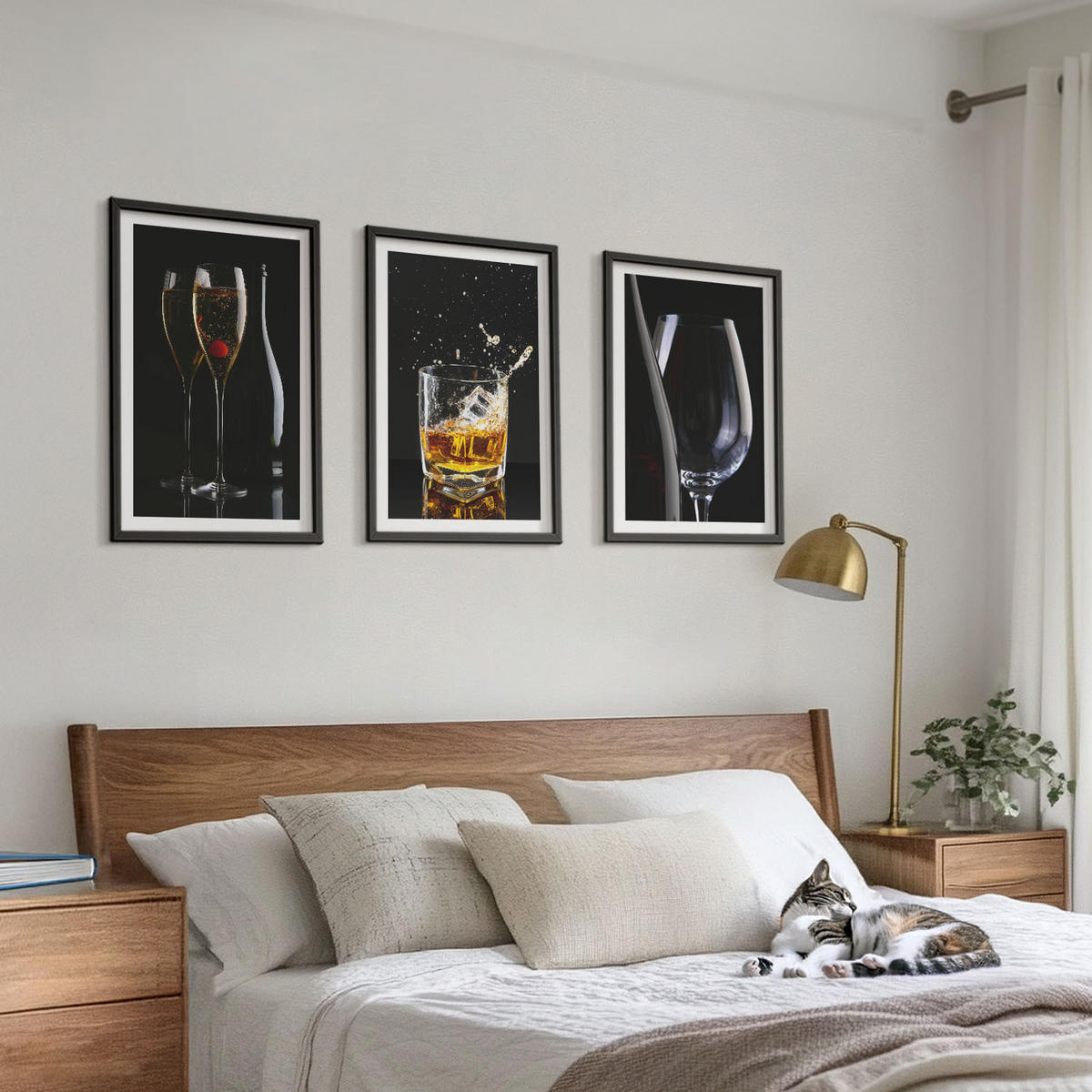 WANDBILDER 3er-Set - 40x60 cm Schwarzer Rahmen - Weingläser und Whiskygläser auf schwarzem Hintergrund - Schwarz, Kunststoff (40/60cm) - ArtPrintCave
