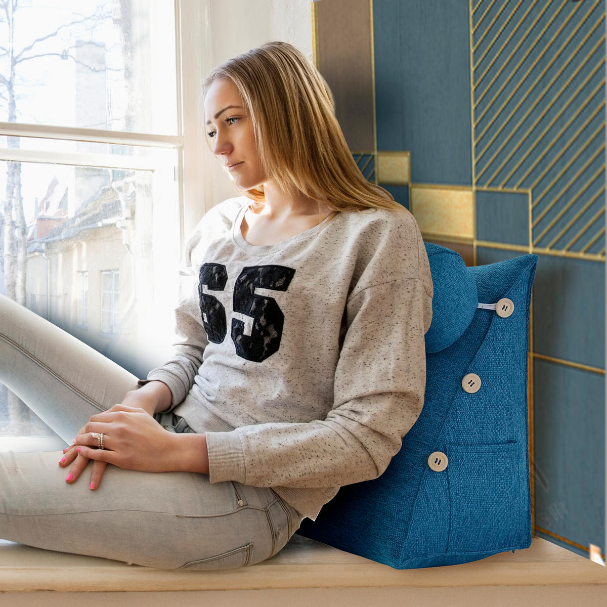 KEILKISSEN mit Nackenrolle Leinenlook Blau 60 cm - Blau, Textil (50/60cm) - Vercart