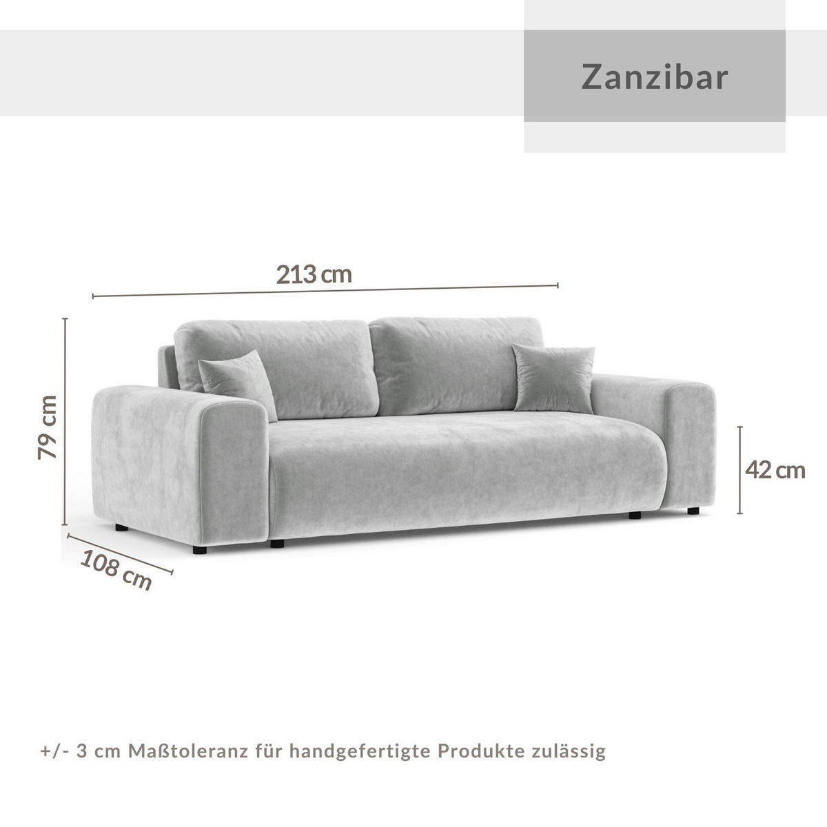 3-SITZER-SOFA Zanzibar Blau Grau Samtstoff - Blaugrau/Schwarz, Holz/Holzwerkstoff (213/79/108cm) - Maison de Reve