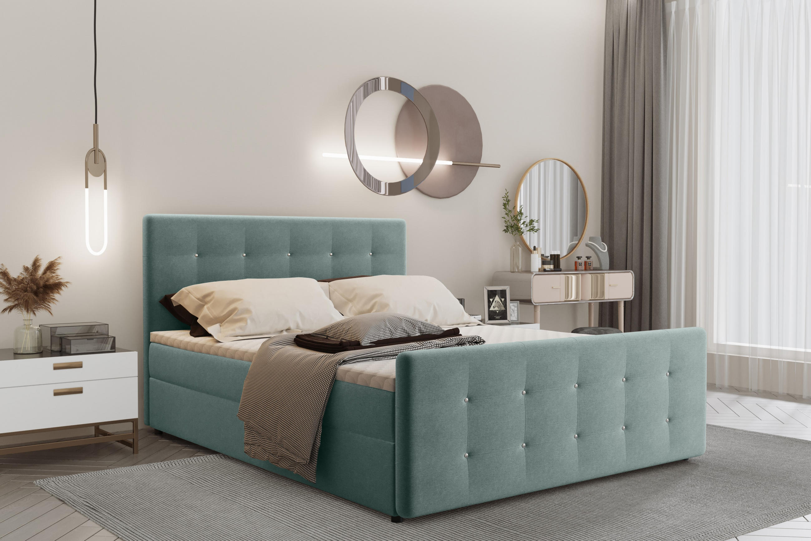 BOXBETT Mit Bettkasten Matratze Topper AMOR Grün 120x200 cm H3-Bonell - Grün, Holz/Textil (120/200cm) - Kaiser Möbel