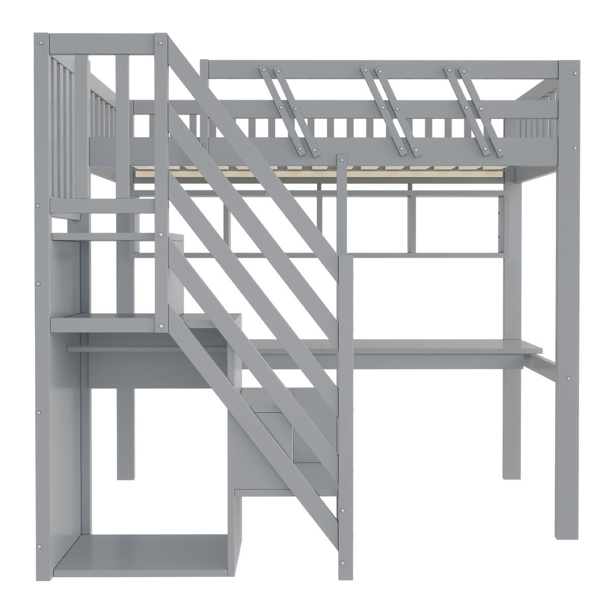 HOCHBETT aus Holz 90x200 cm Grau mit Stauraumtreppe, Schreibtisch, LED-Beleuchtung und Steckdosen - Grau, Holz (90/200cm) - IVMEU