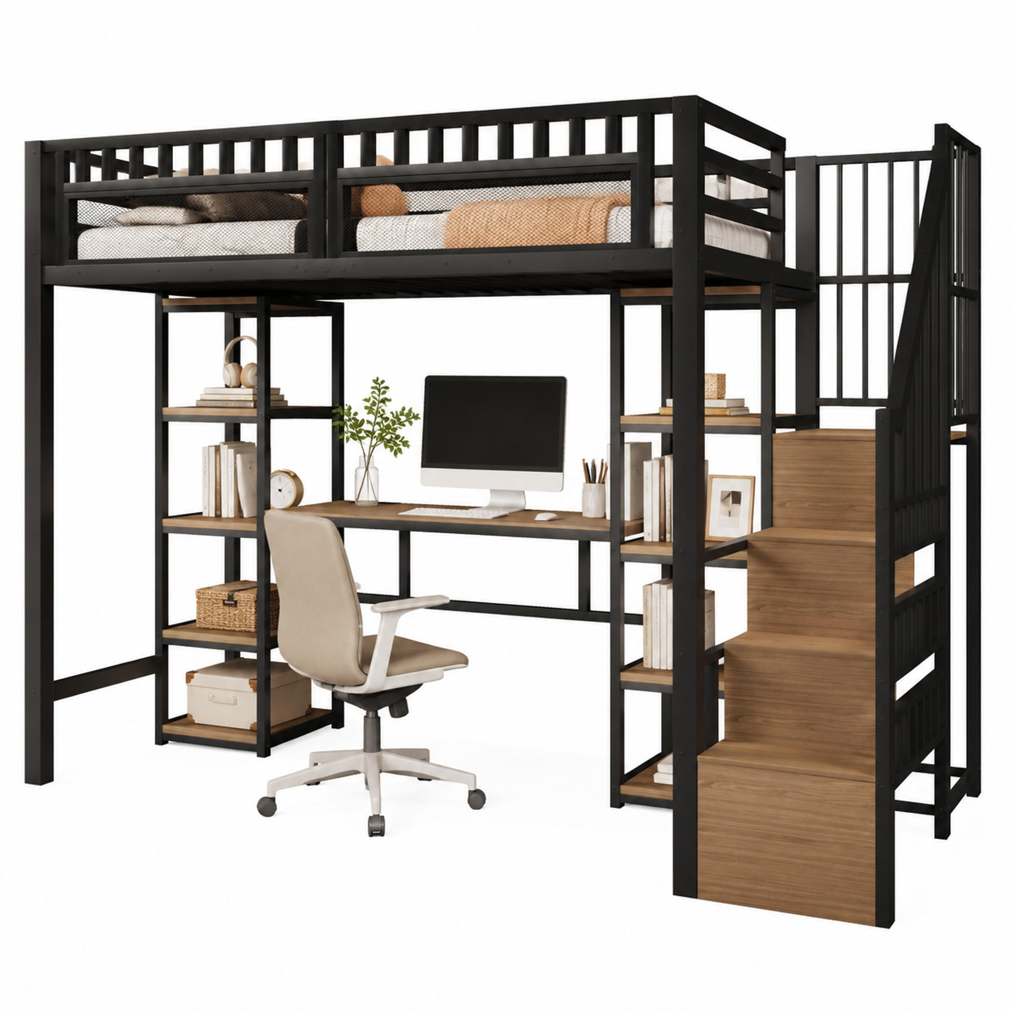 HOCHBETT mit Schreibtisch 90x200 cm Metall MDF Black - Schwarz, Metall (90/200cm) - Meubliv