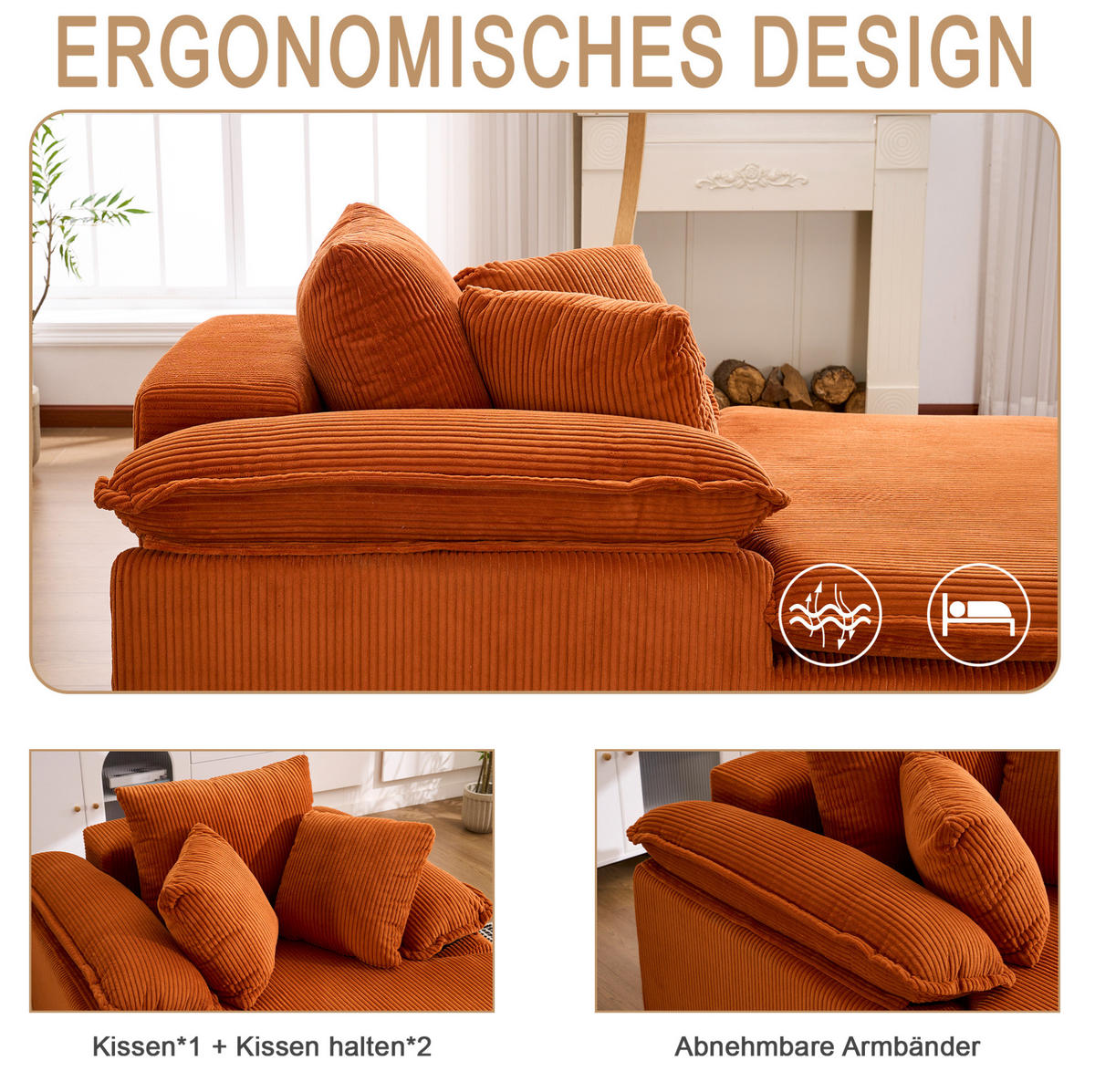 SOFA 177/122/92 cm aus Cord in Orange mit breiten Armlehnen - Orange, Textil (122/92/177cm) - BEAOK