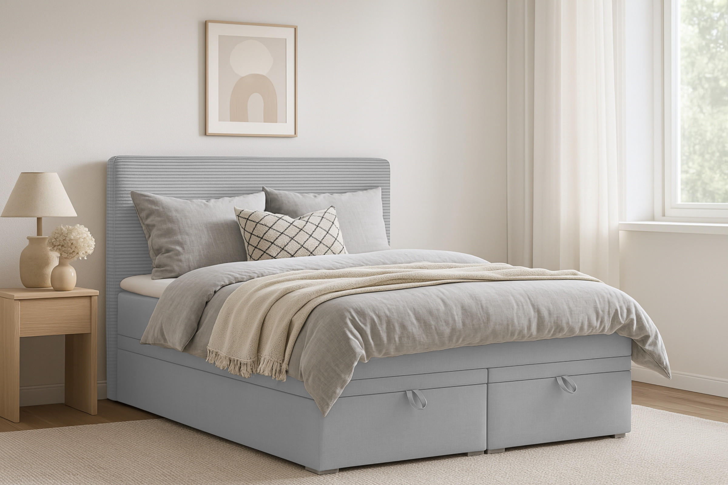 BOXBETT DARO 140/200 in Velour/Cord Hellgrau - Hellgrau, Holz/Holzwerkstoff (140/200cm) - Deine Möbel 24
